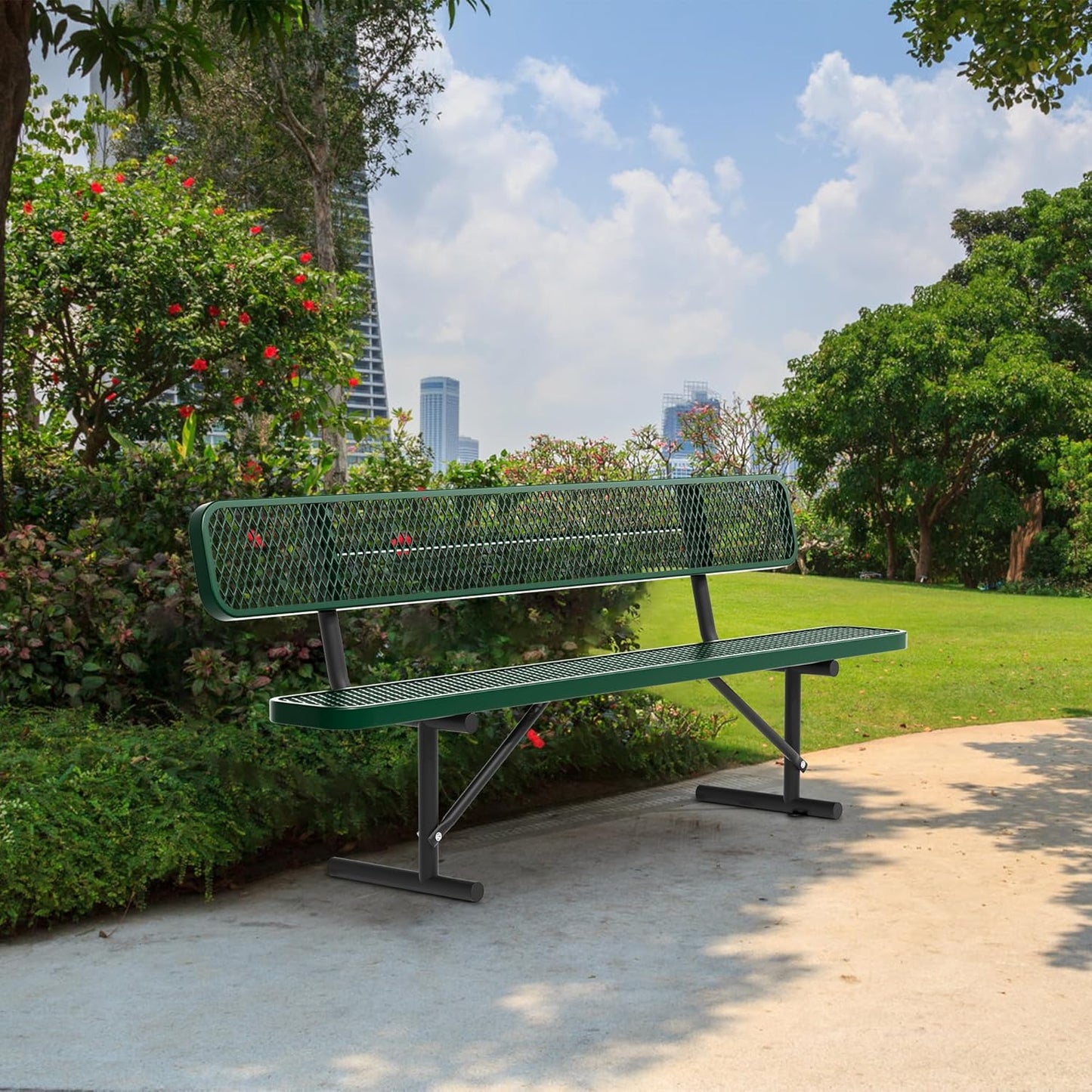 8FT Benches for Outside, Heavy-Duty Green Outdoor Garden Bench with Back, Metal Park Bench, Commercial-Grade Seating,Industrial Bench Patio Bench Furniture for Beach Yard School Shopping Centers
