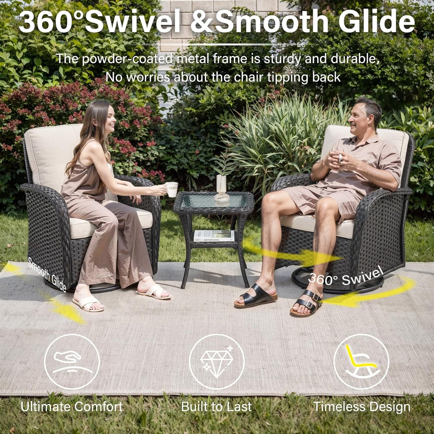 5 Piece Outdoor Patio Furniture Set with Deep Seating Swivel Rocker Chairs Loveseat and Rattan Coffee Table Outdoor Conversation Sets for Deck Backyard Poolside,Black Wicker/Beige Cushion
