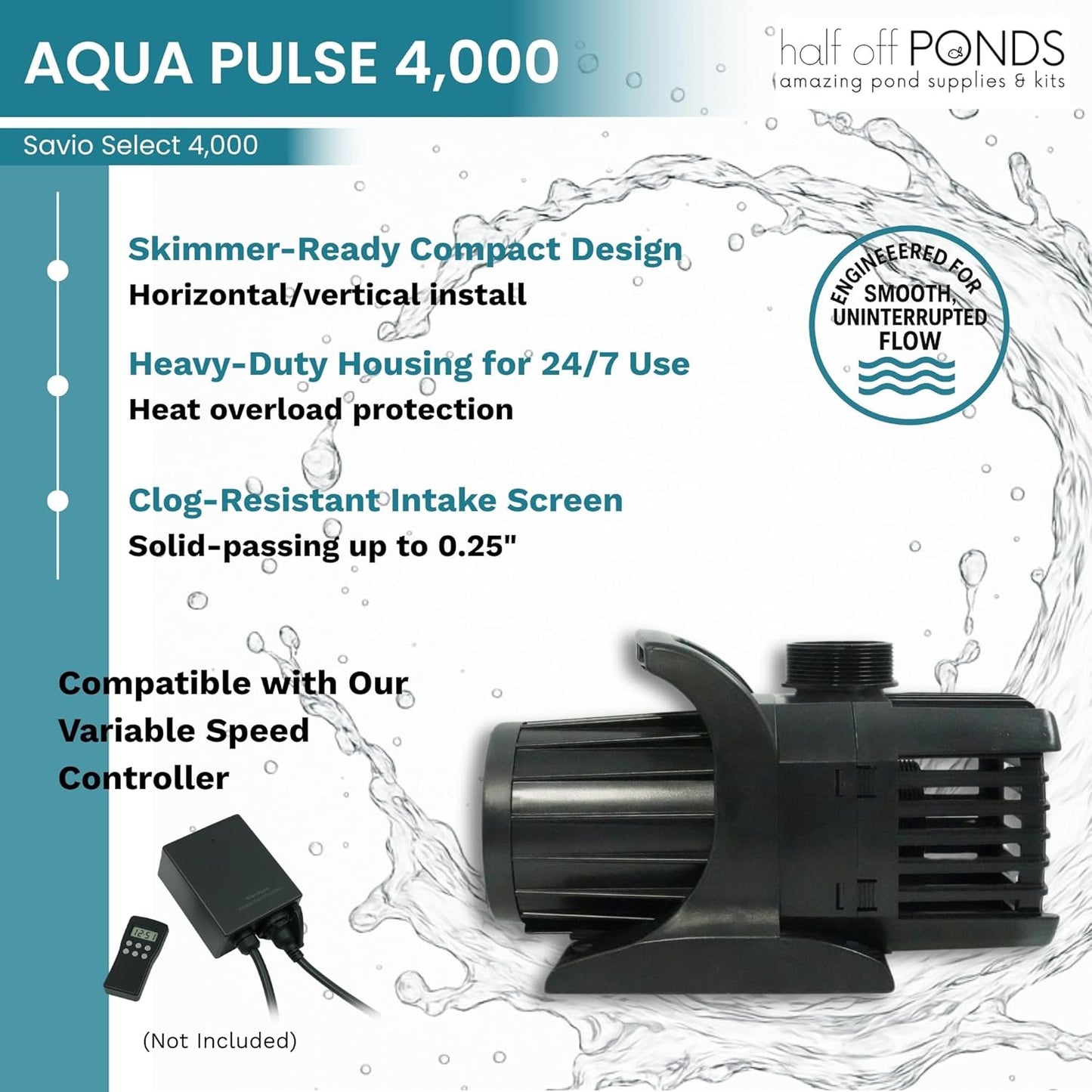 HALF OFF PONDS Savio Select 4,000 GPH Submersible Pump Pond Kit with 15' x 25' EPDM Rubber Pond Liner, UV Clarifier for Water Garden & Koi Pond