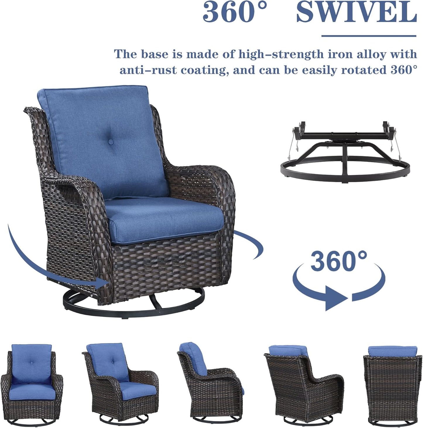Outdoor Sectional Furniture Sofa Set with 50000BTU Propane Fire Pit Table, Wicker Patio Conversation Set with 2 Swivel Rocker Glider Chairs Blue Cushion Perfect for Backyard Casual Gathering