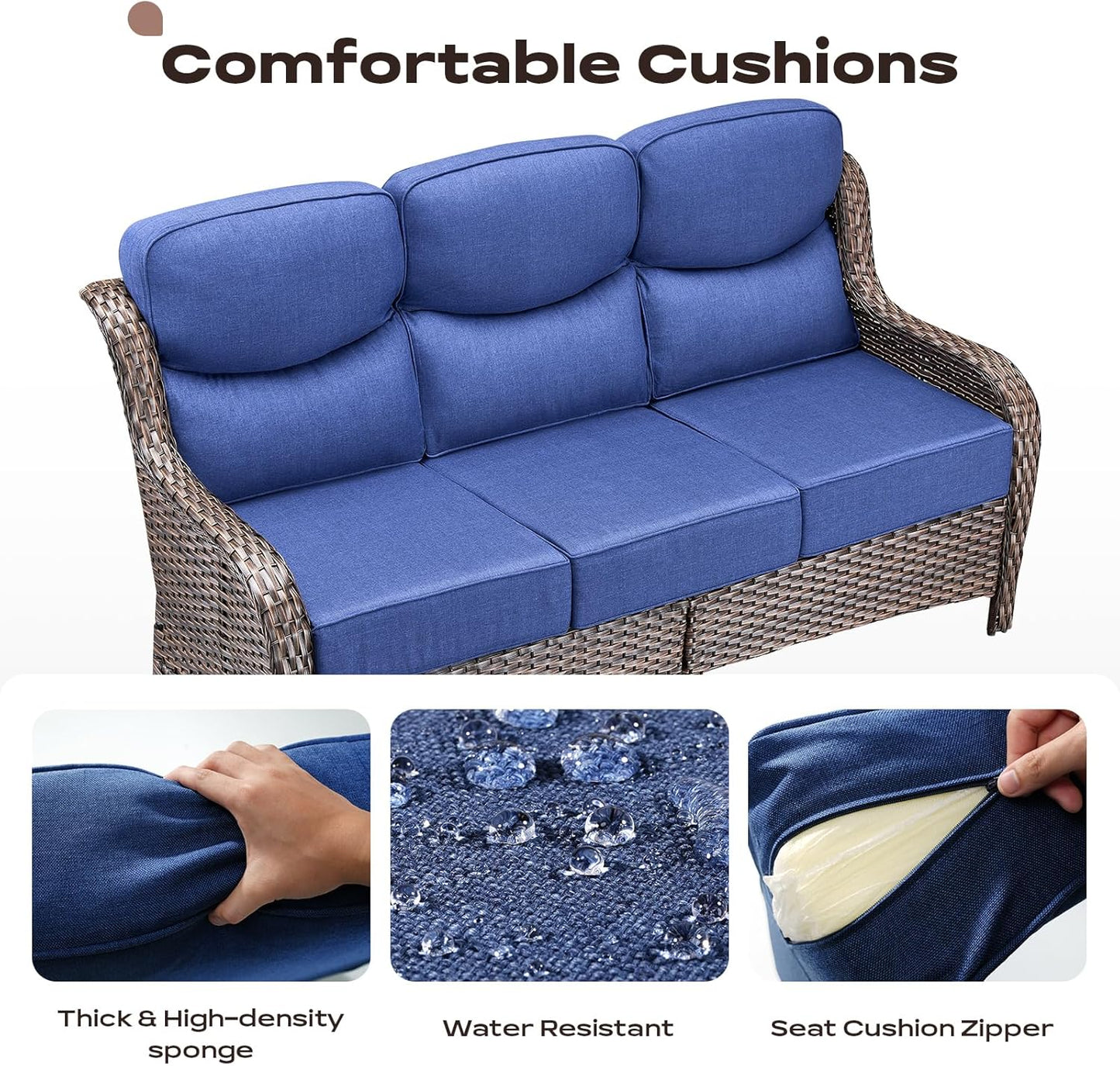 Wicker Outdoor Patio Furniture Set - 6 Piece Patio Conversation Sets with Swivel Rocker Chairs, Ottomans, Sofa and Table, 6 inch Cushions, Deep Seating, for Porch Deck Brown/Blue