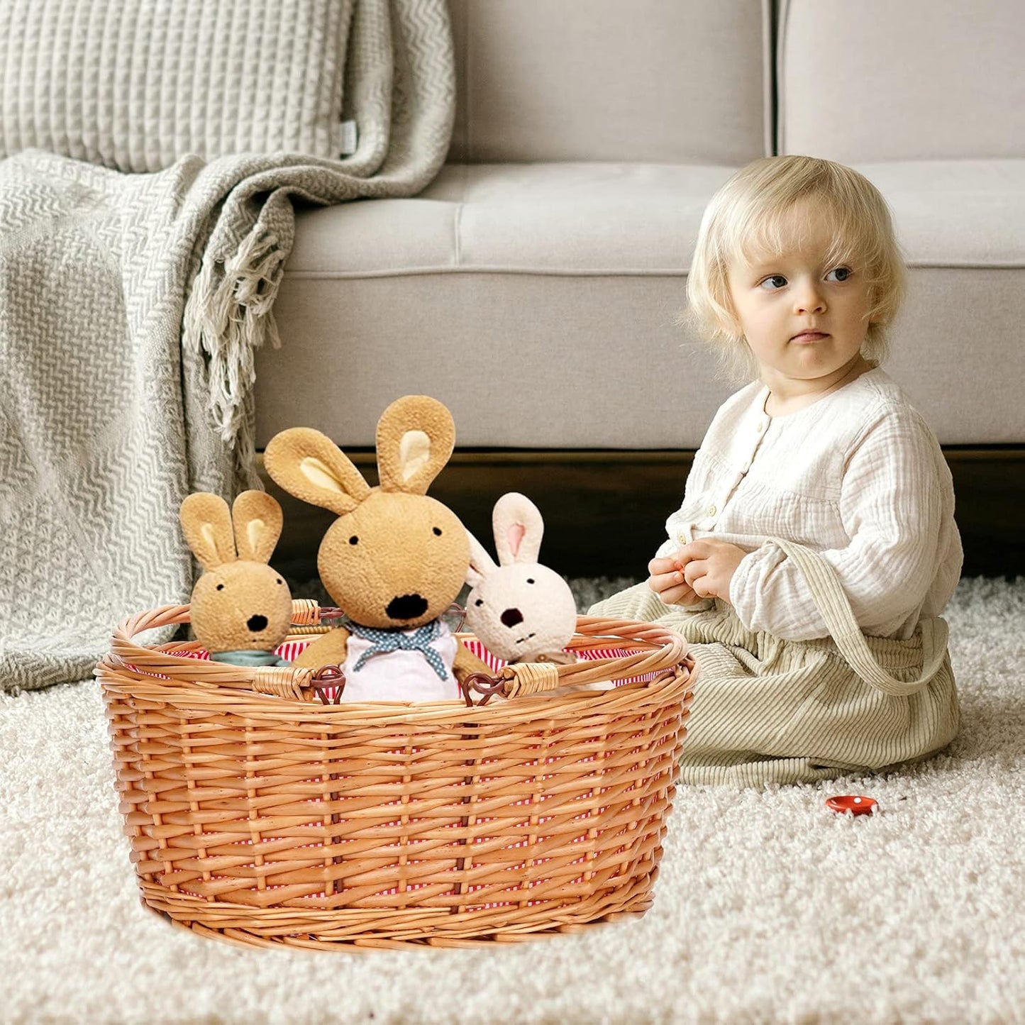 Wicker Picnic Basket with Double Folding Handles, Natural Large Willow Hamper Empty Basket Cheap Easter Eggs Candy Storage Wine Basket for Toy, Flower, Wedding（Red 16inch）