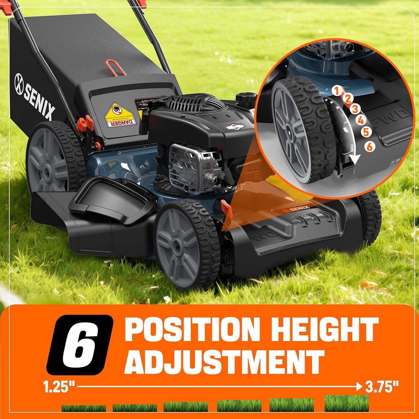 SENIX 21-Inch Gas Lawn Mower Self-Propelled, 3-in-1 Push Cordless Mower with Mulch/Bag/Side-Discharge, 6 Position Adjustable Cutting Height, Steel Deck (LSSG-M1)