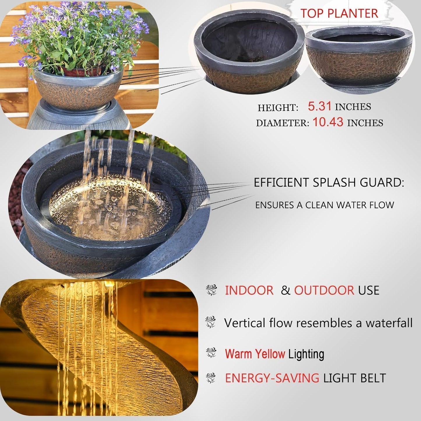 31.9" S-Shaped Water Outdoor Fountain–Modern Cascading Waterfall Feature with LED Lights & Planter Bowl, Garden Fountains Outdoor for Patio, Balcony, Yard or Home Decor, Resin Waterfall