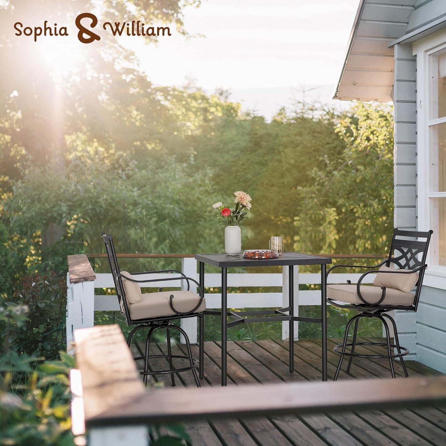 Sophia & William 5 Piece Patio Bar Set, Patio High Dining Set with 4 Swivel Bar Stools and 1 Square Bar Table, All-Weather Outdoor Furniture with Seat Cushions