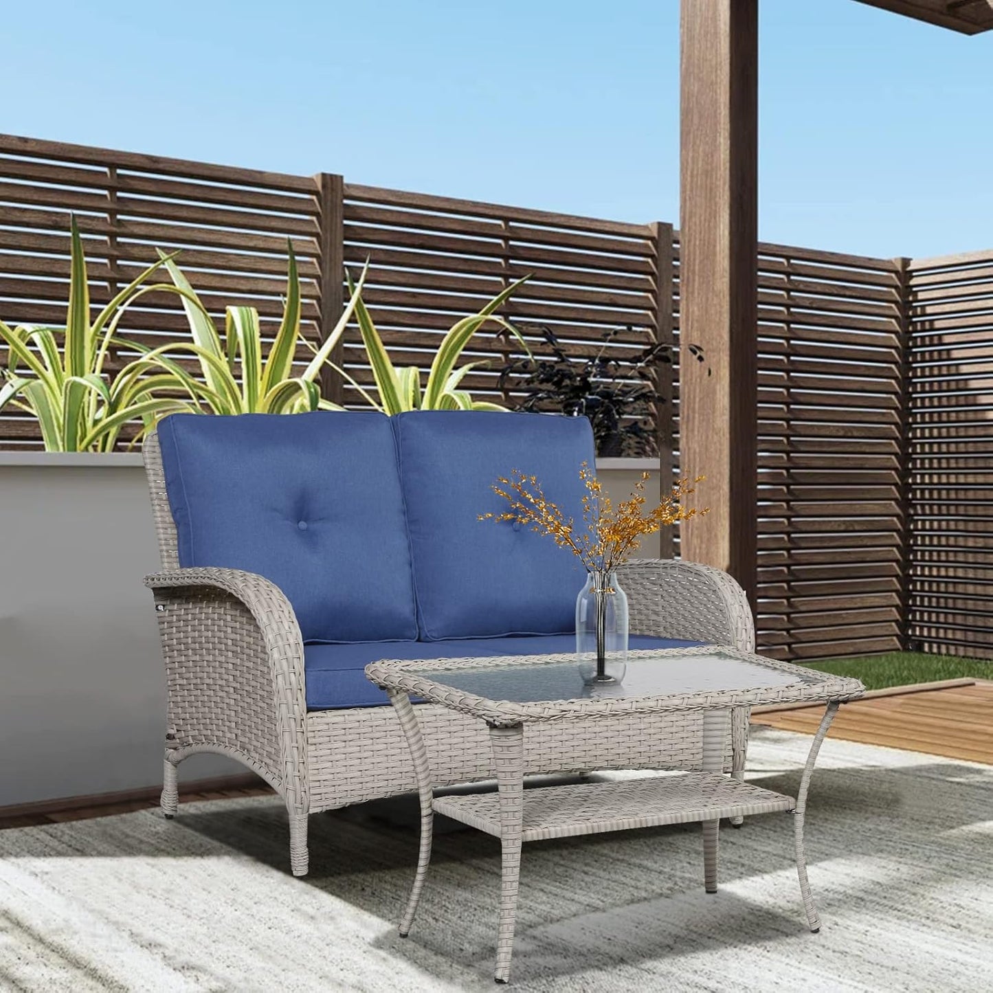 Patio Wicker Furniture with Swivel Rocker Chairs Loveseat, 5 Piece Rattan Furniture Outdoor Swivel Rocking Chairs and Table Set for Patio Deck Porch Backyard