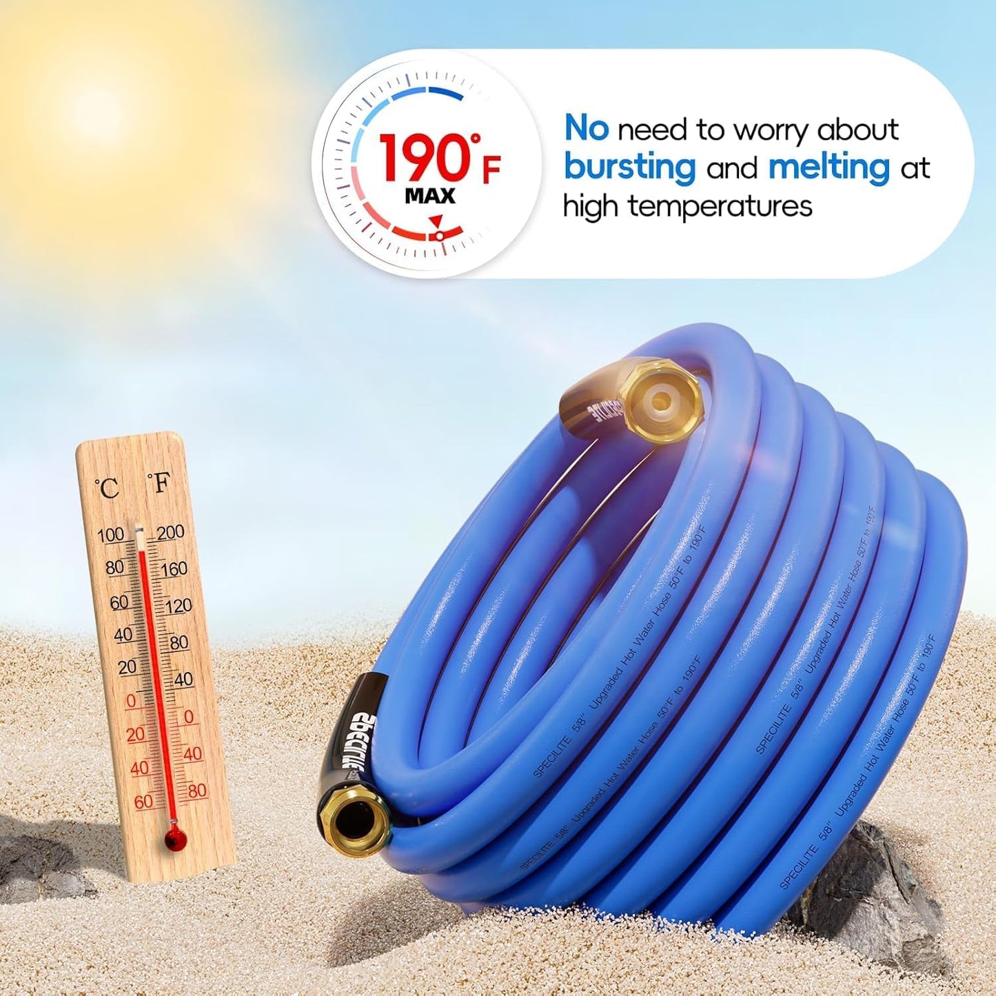 Hot/Cold Garden Water Hose 100 ftx 5/8 in, -50℉ To 190℉, Heavy Duty, Flexible, Burst 605 Psi, Lightweigh, Upgraded Rubber Pipe with 3/4" Brass Fittings For Backyard, Outdoor, Farm, Blue