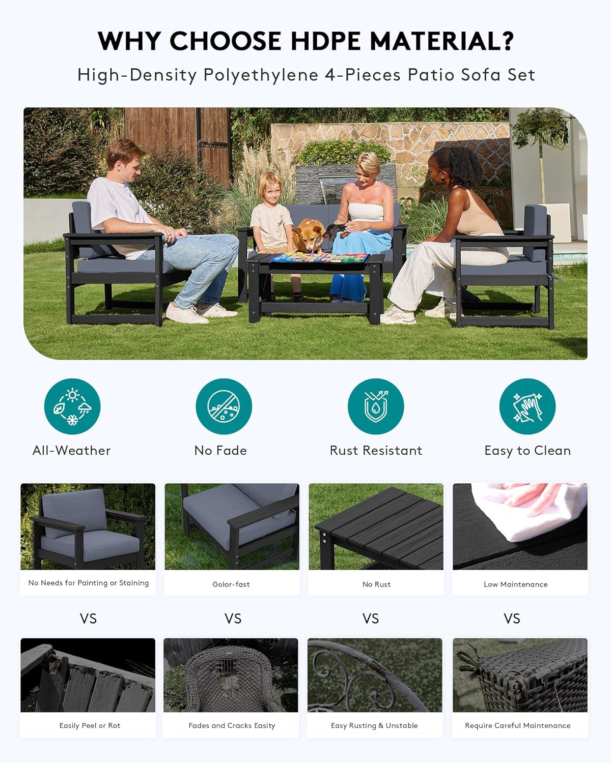 SERWALL 3 Pieces HDPE Outdoor Sofa Bistro Set with Cushions, Outdoor Furniture Sofa Sets with Coffee Table and Cushions, All Weather Conversation Social Set, Black Frame and Grey Cushion