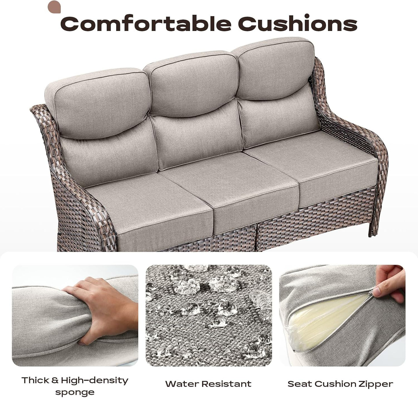Wicker Outdoor Patio Furniture Set - 6 Piece Patio Conversation Sets with Swivel Rocker Chairs, Ottomans, Sofa and Side Table, 6 inch Cushions, Waterproof Wicker, for Porch Deck Brown/Beige