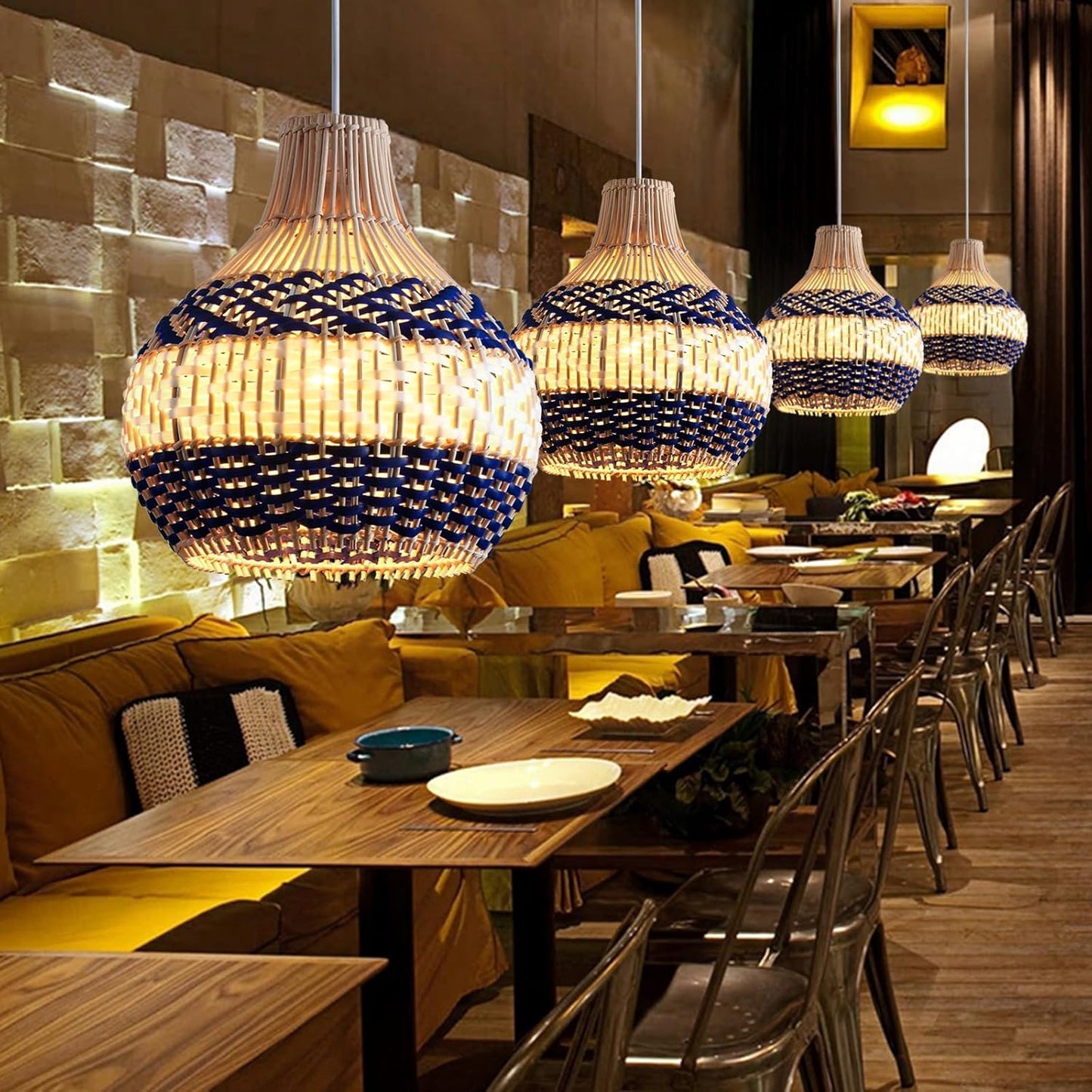 3-Pack Rattan Pendant Light Fixture 10.24" Blue White Hand-Woven Basket Fax Rattan Chandelier Boho Mini Wicker Hanging Lamp for Dining Living Bedroom Kitchen Farmhouse