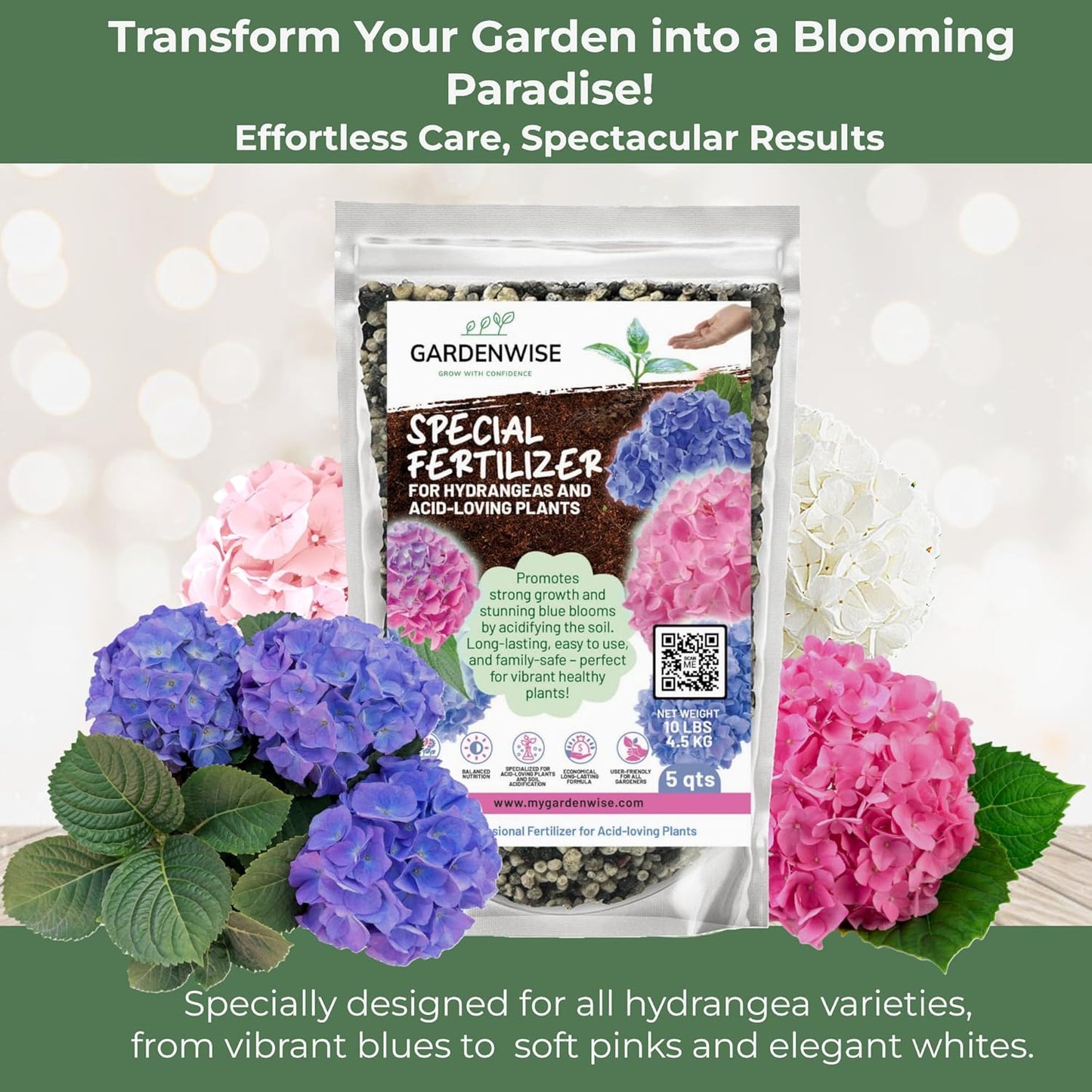Slow Release Hydrangea Fertilizer with Iron & Sulfur – Indoor & Outdoor Soil Acidifier for Miracle Growth (5 qt)