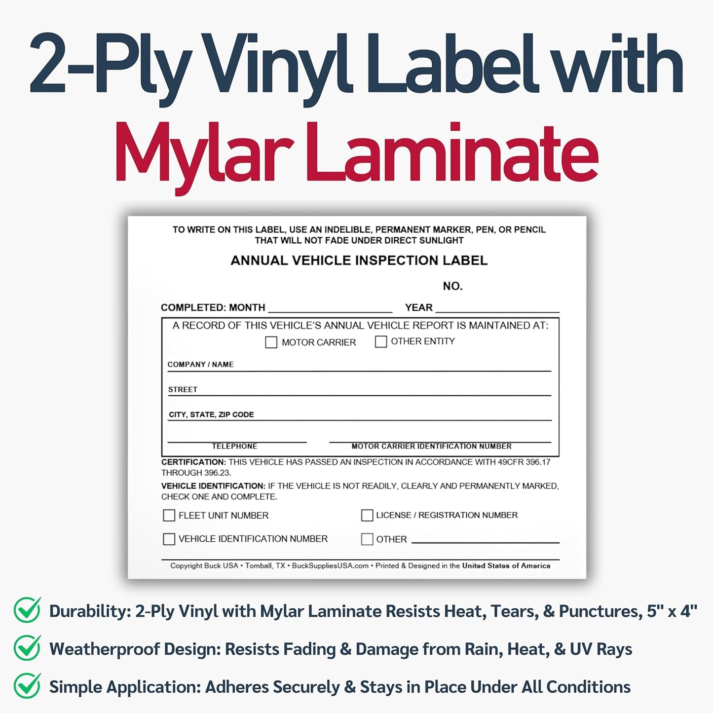 10 Pack Buck Annual Vehicle Inspection Label, 2-Ply Adhesive Vinyl with Mylar Laminate, FMCSA & DOT Compliant, Weatherproof, Tear Resistant, Easy to Write On, 5" x 4" - Made in USA