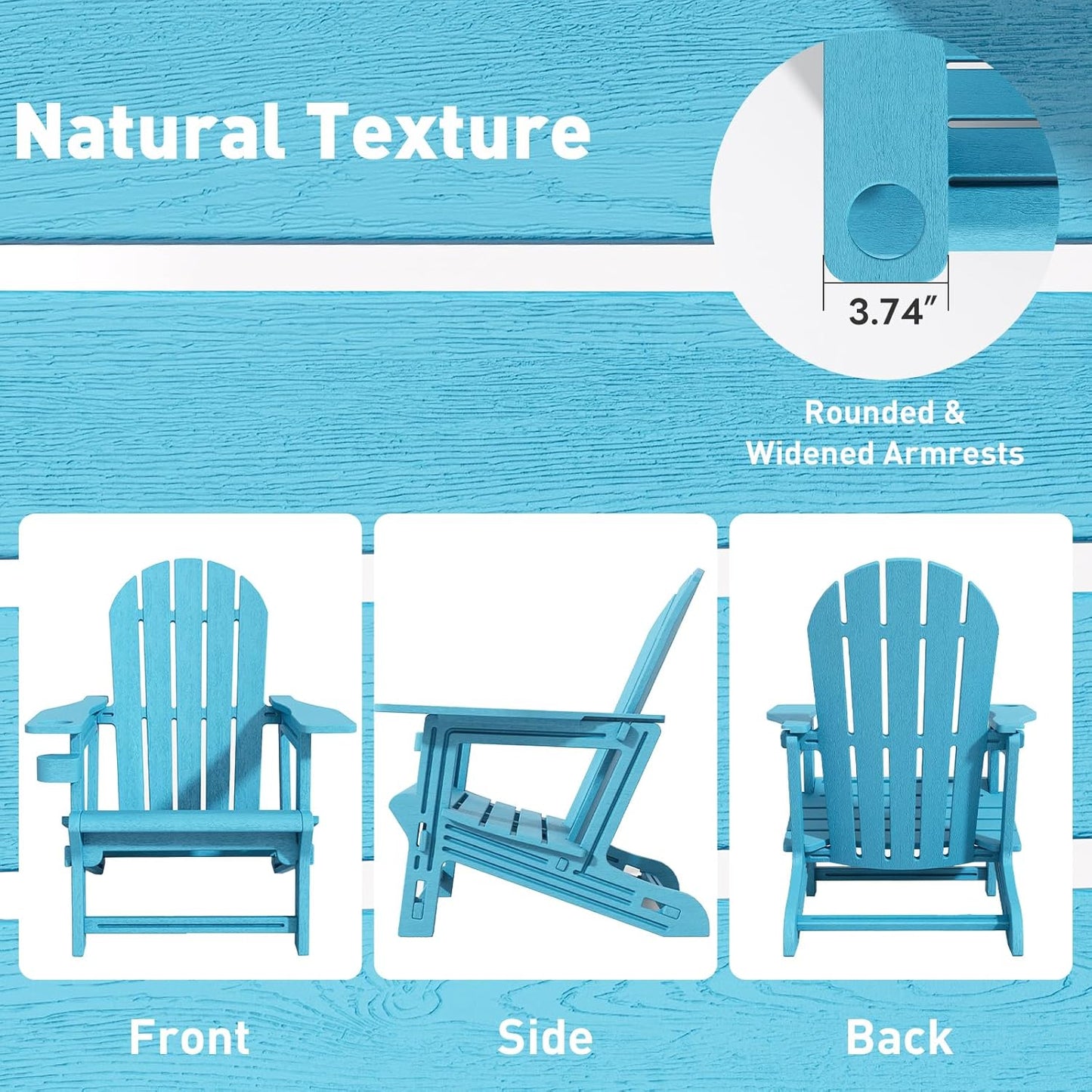 Adirondack Chairs Set of 4, Tool-Free Assembly All-Weather Plastic Adirondack Chairs, HDPE Fire Pit Chairs with Cup Holder, Outdoor Chair for Patio Garden（Lake Blue）