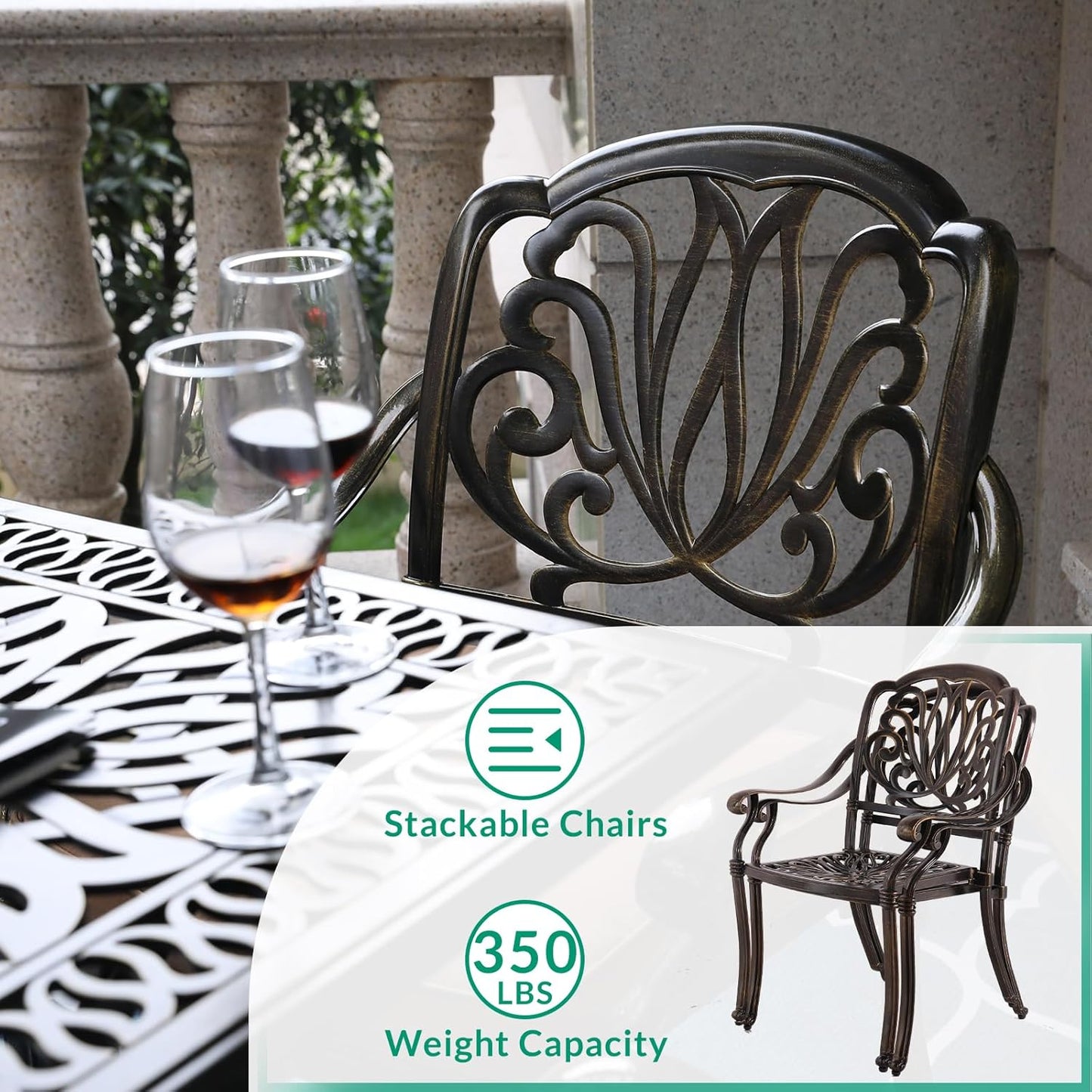 VIVIJASON 3-Piece Patio Furniture Dining Set, All-Weather Cast Aluminum Outdoor Bistro Set, Include 2 Chairs, 2 Cushions and 31" Round Table w/Umbrella Hole for Balcony, Backyard, Ocean Blue Cushion