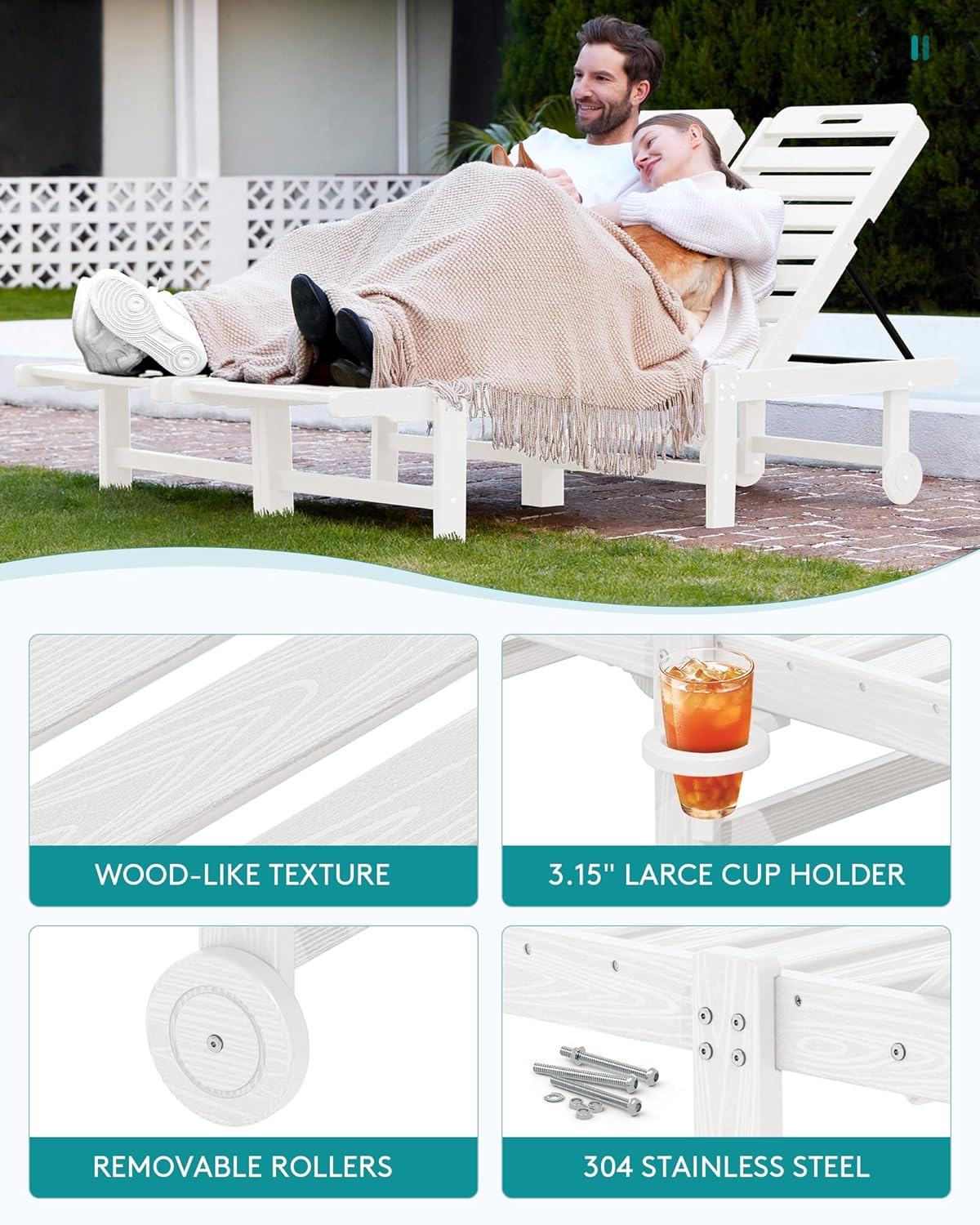 SERWALL Patio Chaise Lounge Set of 4, HDPE Outdoor Lounge Chair with Cup Holder, 5 Positions Adjustable Pool Lounge Chair with Rolling Wheels for Poolside, Deck, Sunbathing, White
