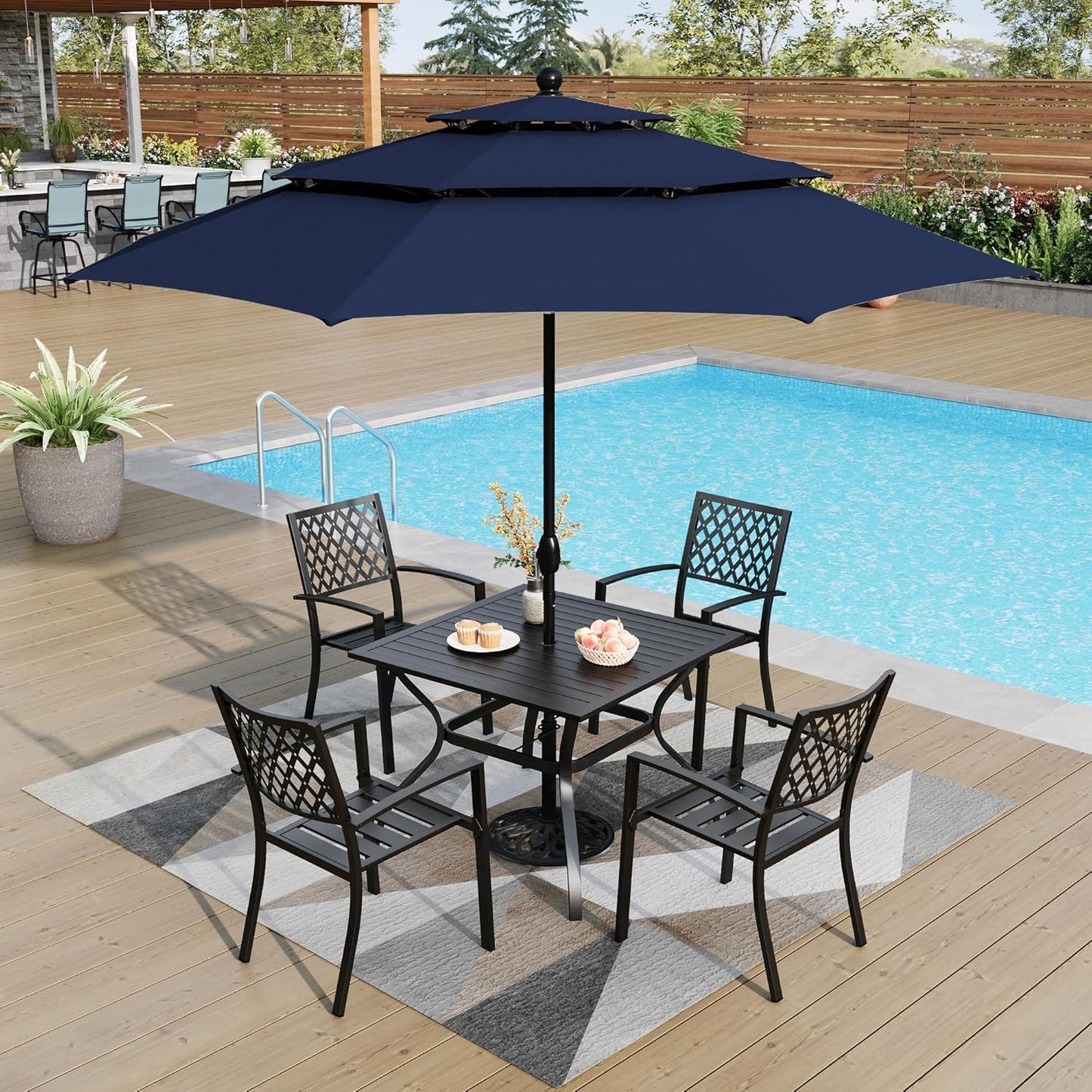 PHI VILLA 37 Inch Outdoor Dining Table Metal Steel Slat Square Patio Dining Table with 1.57" Umbrella Hole for Garden, Backyard and Porch (Classic Black)