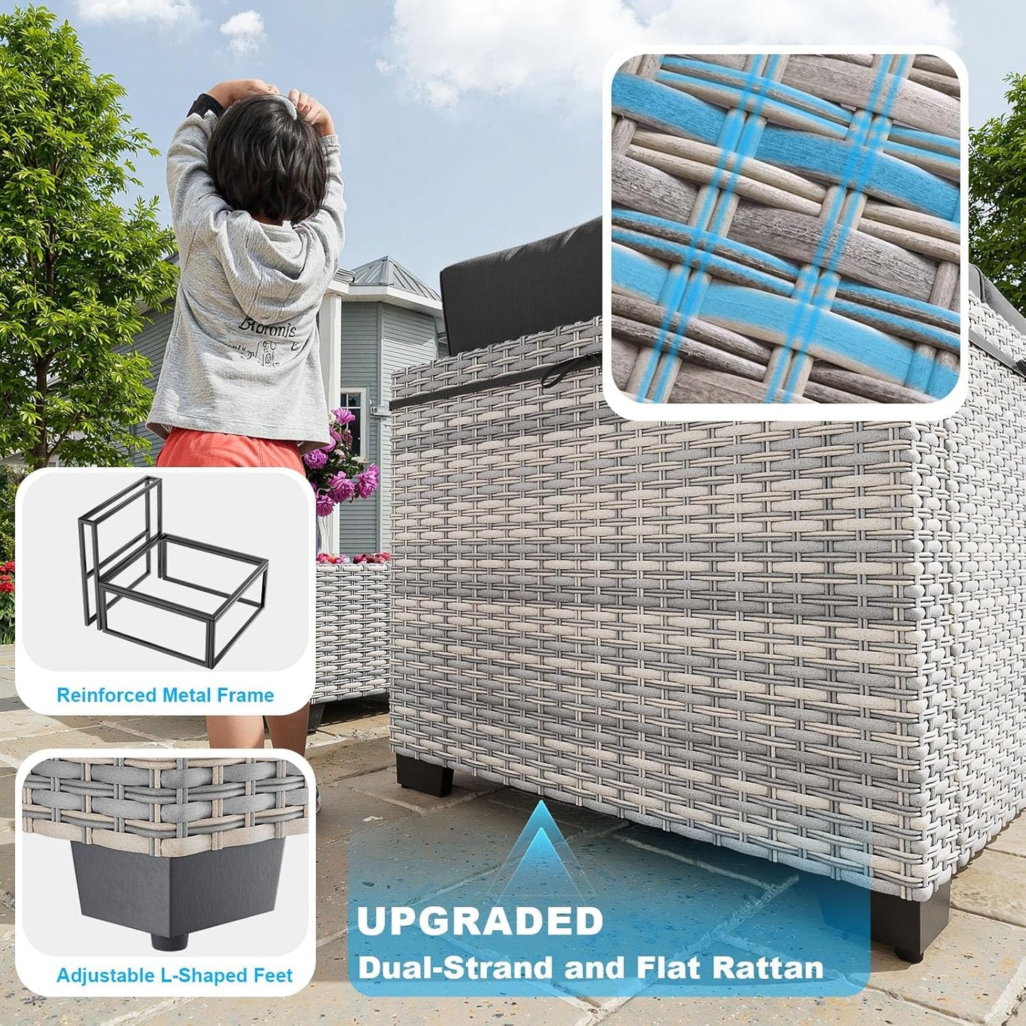 7-Piece Patio Furniture Set, Outdoor Sectional with Thick Cushions, Modular Patio Sofa, Dual-Strand Wicker Rattan, Rust-Resistant Frame, Backyard Furniture for Garden, Deck, Dark Black