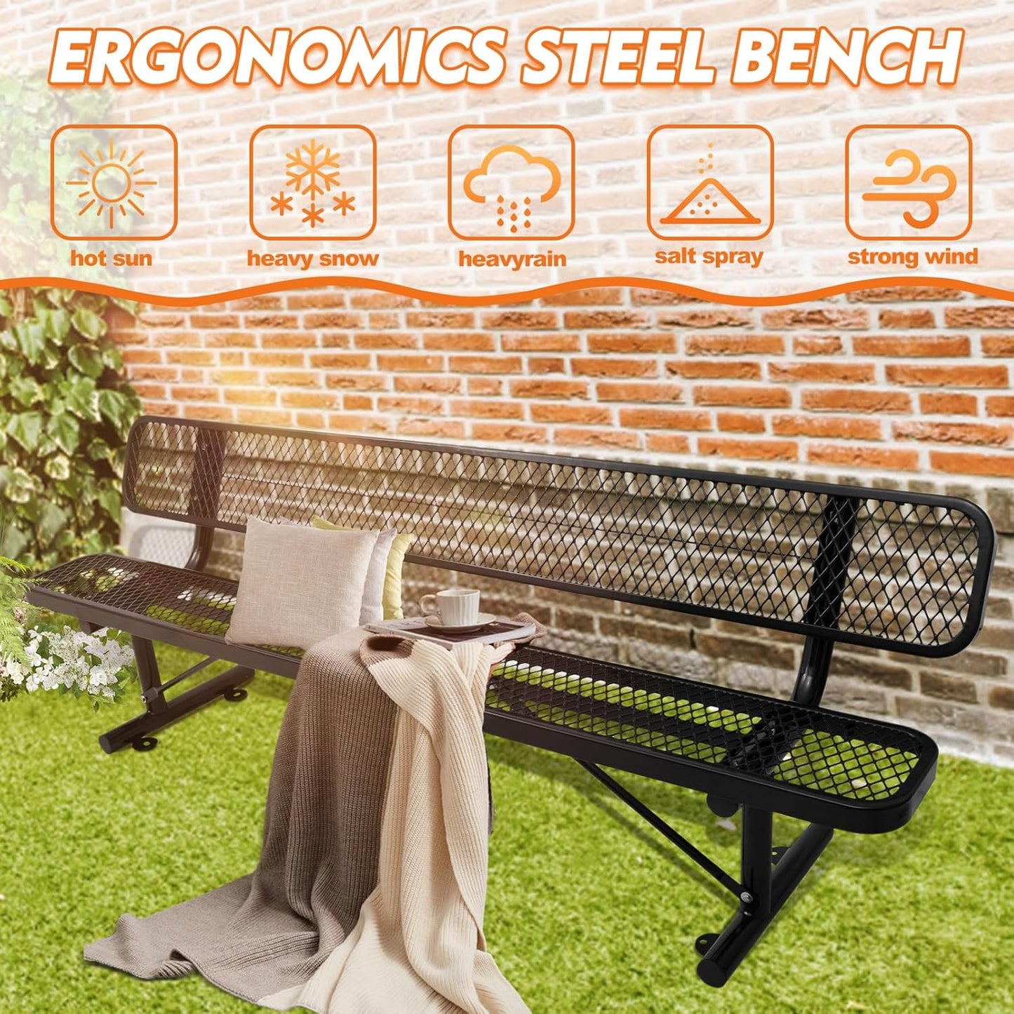 Drexo 8FT Heavy Duty Park Bench with Back Portable Frame, Outdoor Metal Park Bench with Backrest, Steel Mesh Outdoor Bench for Garden, Lawn, Patio, Porch, Park, Yard, Black