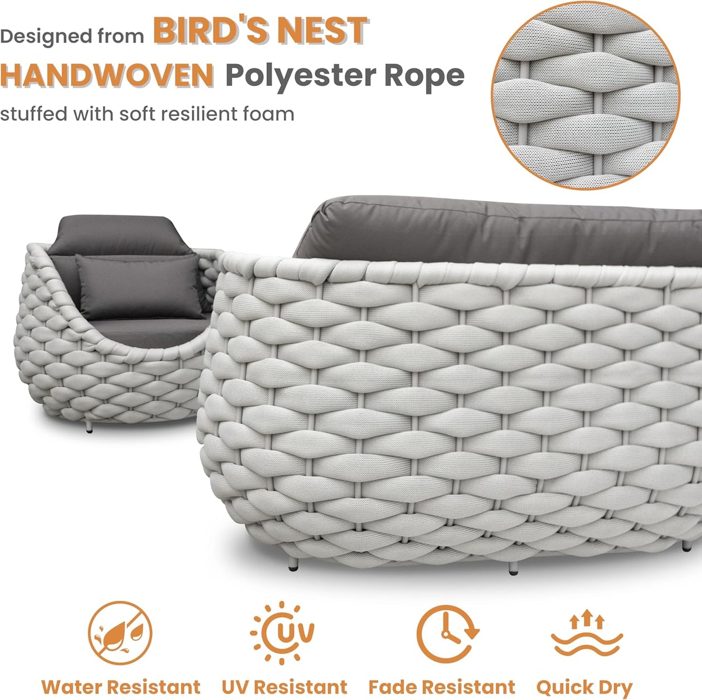 Cushioned Outdoor Patio Furniture Set: 6 Pieces Aluminum Porch Conversation Sofa Set - Modern Hand Woven Rope Deck Couch Set - No Assembly All Weather for 661lbs Yard Garden Poolside Hotel, Gray