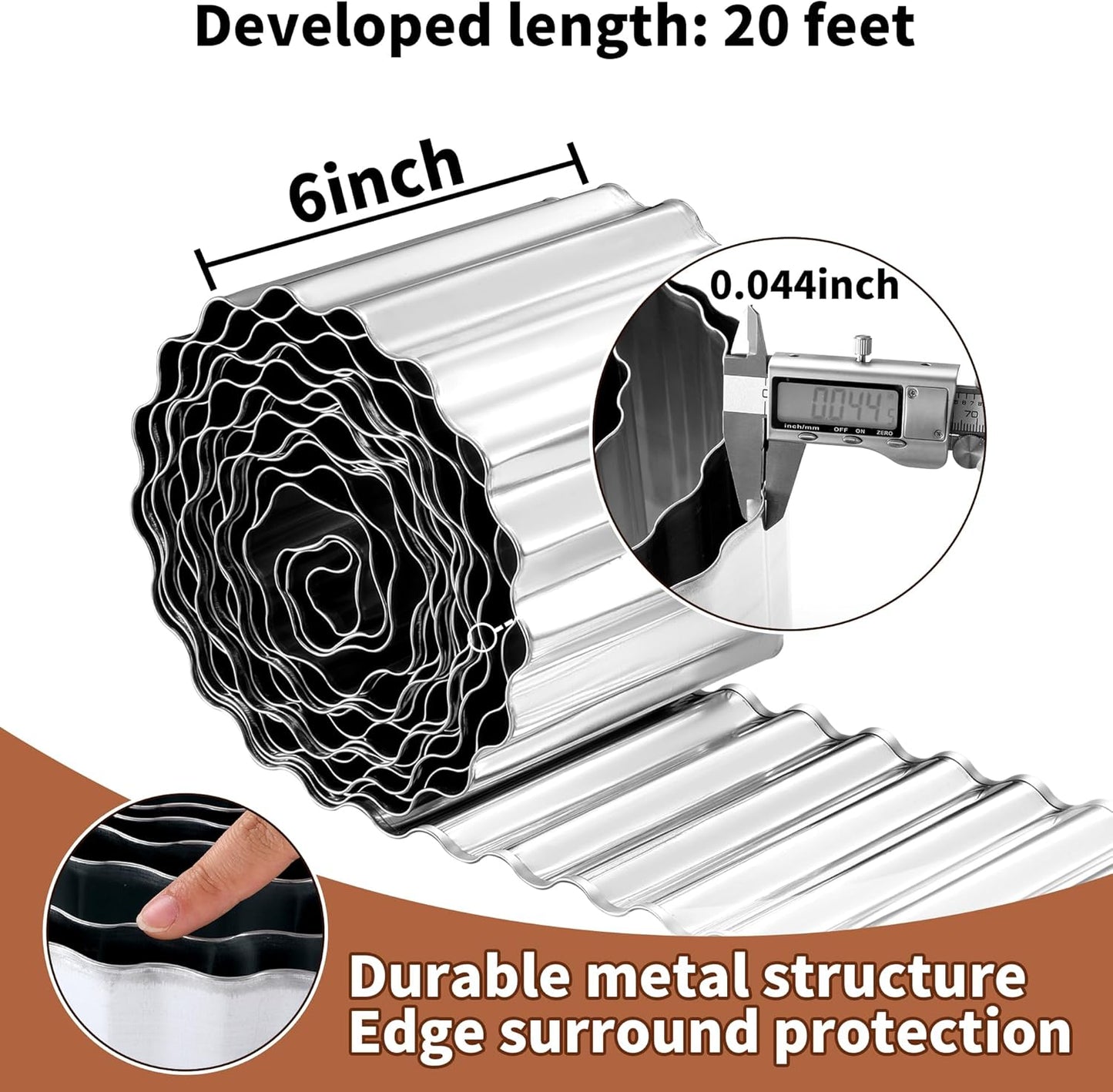 Corrugated Metal Garden Edging, 6"×20Ft Durable Metal Landscape Edging, Modern Corrugated Design for DIY Flower Beds and Landscaping Borders(Silver)