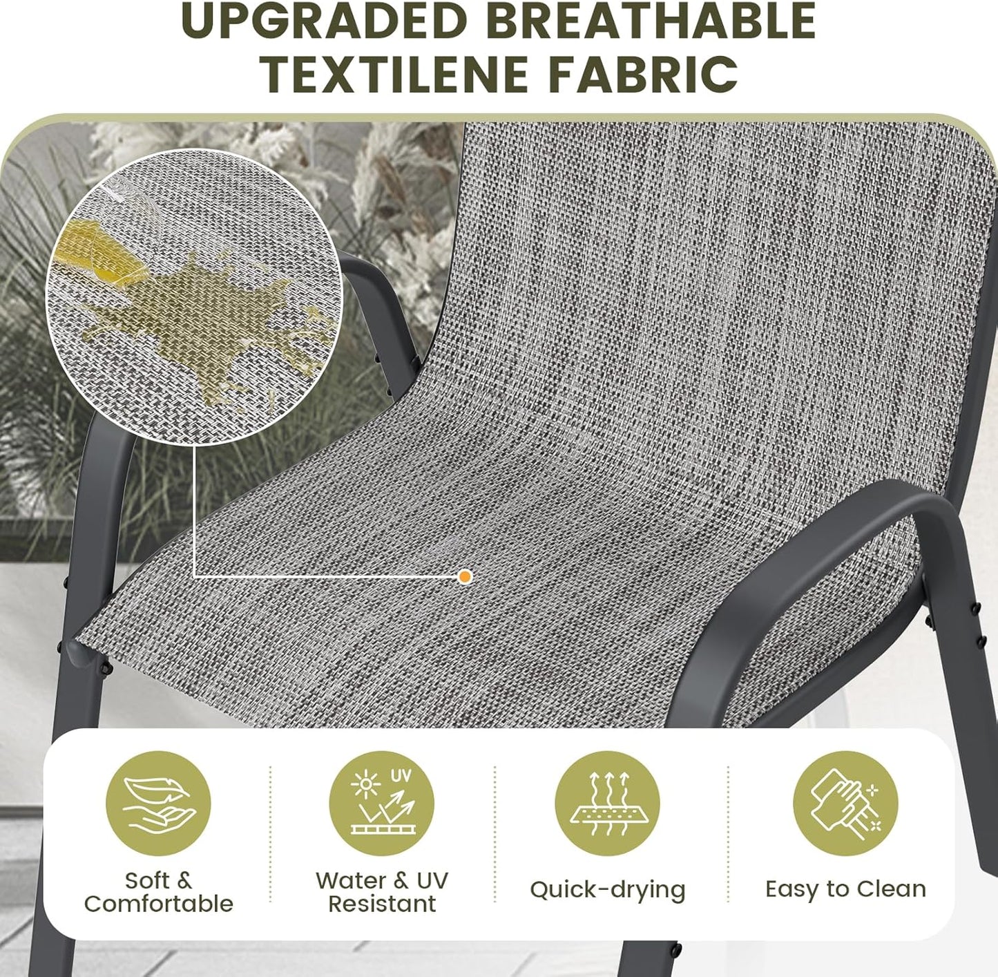 UDPATIO Patio Dining Set of 3, Outdoor Table and Chairs Set with Glass Table, 2 Stackable Patio Chairs with High Back, Outdoor Furniture Sets for Deck Garden Backyard Lawn Poolside (Light Grey)