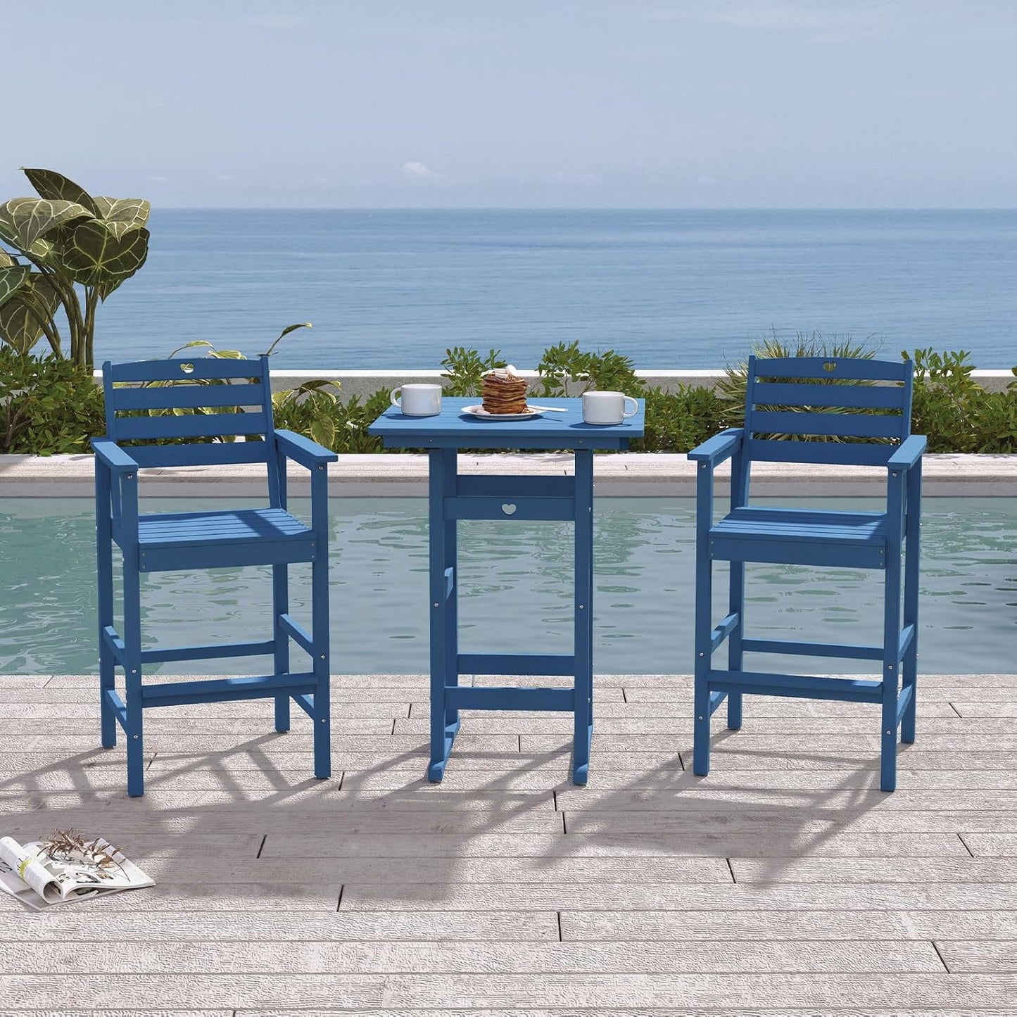 Tall Adirondack Chairs Set of 2, HDPE Wood Balcony Adirondack Chairs Set with Heart Cutout Design, Weather-Resistant Bar Height Furniture for Deck, Porch, Pool (Navy Blue)