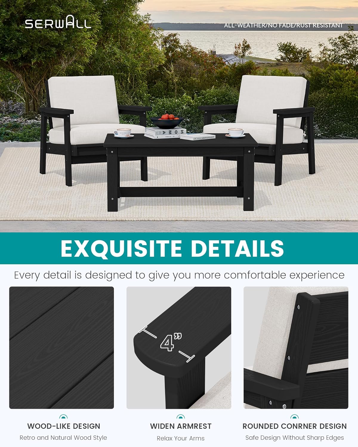 SERWALL HDPE Outdoor Couch Set of 2, All-Weather Wood-Like Outdoor Patio Furniture Set, Black Patio Sofa Chairs with Khaki Cushions