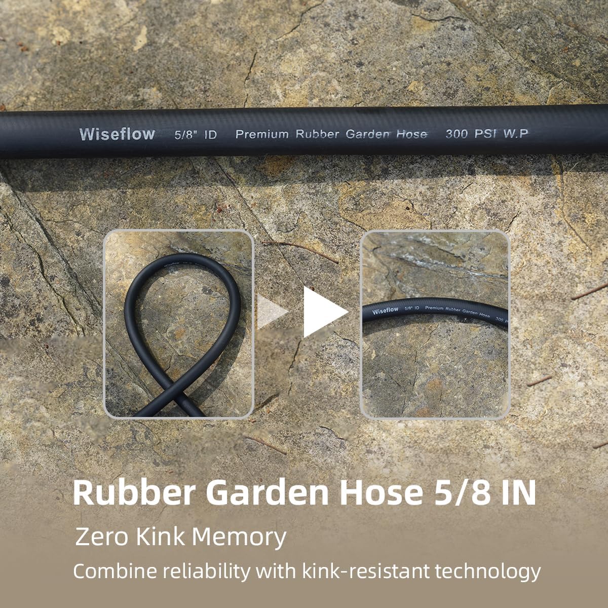 WiseFlow Garden Hose 150FT x 5/8", Heavy Duty Rubber Hose, 1000PSI Burst, 300PSI Working, Water Hose with Five Layered Braiding, Male Female Fittings (Black)