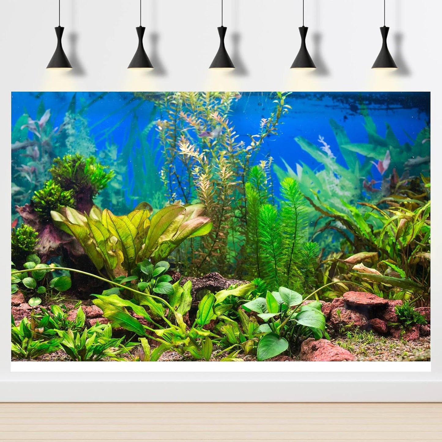 Aquarium Background Various Underwater Grass Plants Aquarium Backdrop Vivid and Fresh Green Aquatic Plants Stone River Bed and Dead Wood Purple Stone Fish Tank Background 48x18in