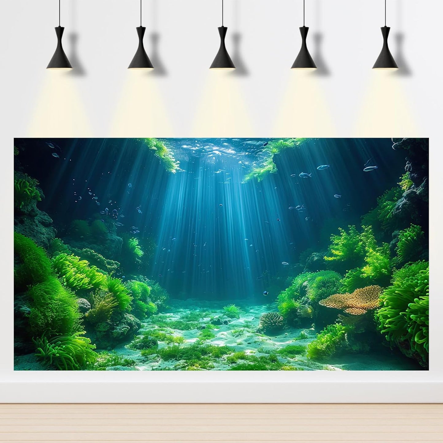 Aquarium Background Aquatic Plants Soft Algae Terrarium Backdrop Underwater World Fish Rock with Moss Sunlight Rays Fish Tank Background Aquarium Wallpaper Poster Decor Vinyl 72x16in