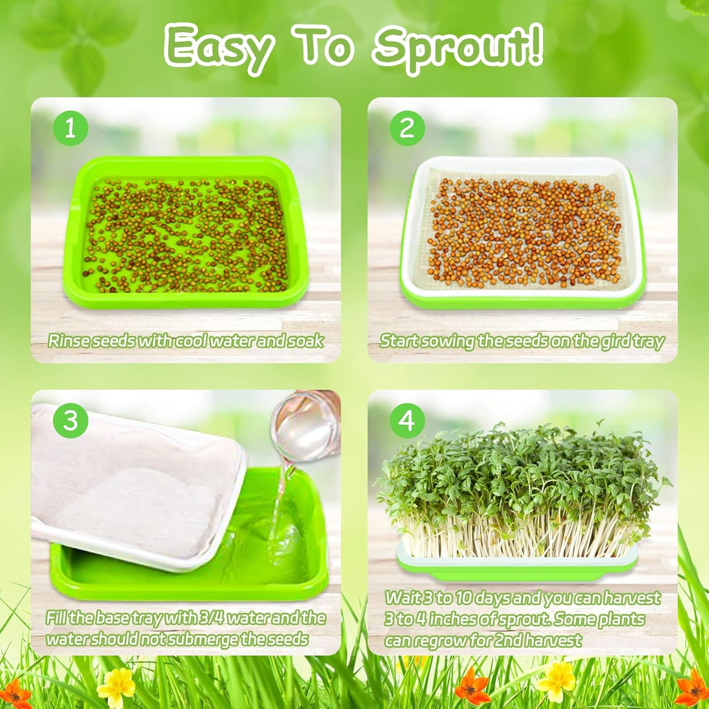 Legigo 16 Pack Green Seed Sprouter Trays- Soil-Free Cultivation Germination Tray, BPA Free Nursery Tray with Planting Paper for Indoors or Outdoors Sprouting Seeds, Grow Grass, Beans and More