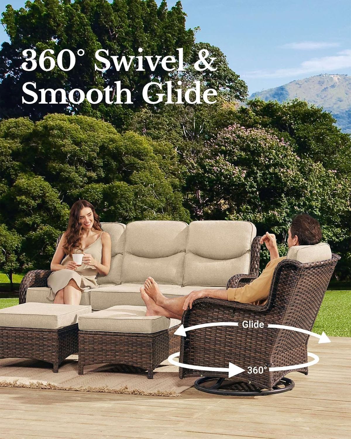 HILLGA Luxury Patio Furniture Set with 6-Inch Thick Cushions, High Back Outdoor Swivel Rocker Chairs and Patio Couch, 7-Piece All Weather Conversation Set for Porch Deck Pool Yard, Beige (V3)