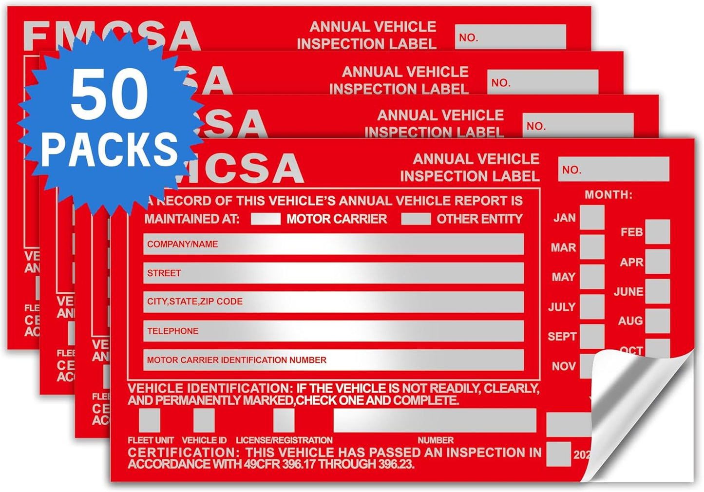50-Pack Annual Vehicle Inspection Label 1.6 mil Aluminum Red FMCSA Label with Permanent Self Adhesive 6" x 3.5" DOT Compliant