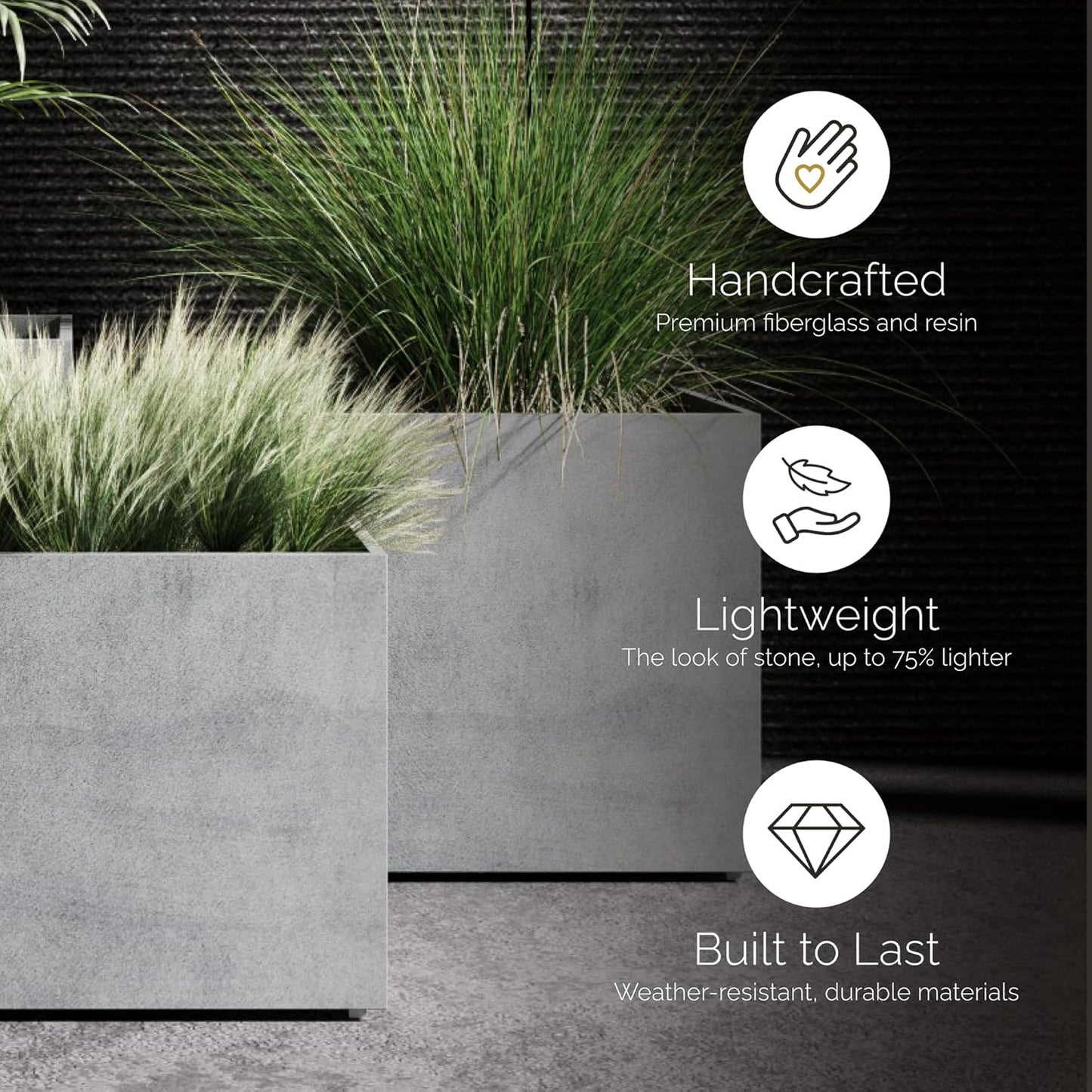 Reglito Cube Planter – Fiberglass Indoor/Outdoor and Weather-Resistant Large Planter (Grey Stone, 31.5" L x 31.5" W x 32.1" H)