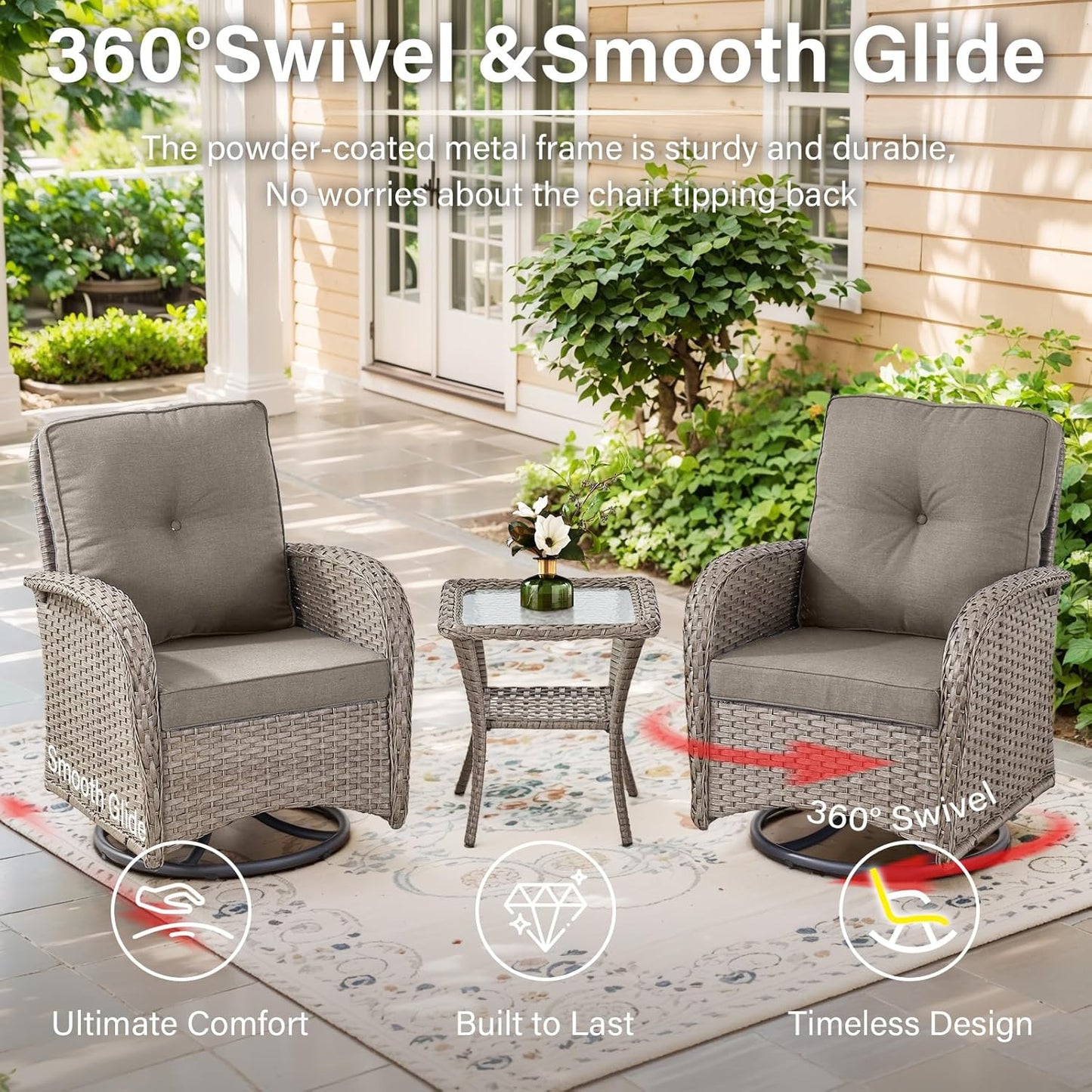 8 Piece Patio Furniture Set with 50000 BTU Propane Fire Pit Table, Outdoor Conversation Set with 2 Swivel Rocker Chairs Wicker Sofa and Ottomans for Casual Gatherings Grey Wicker