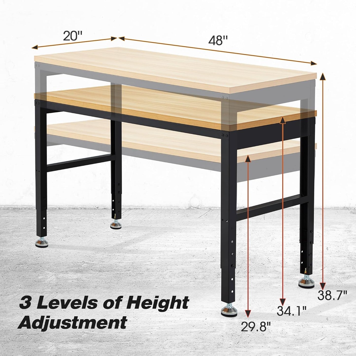 48” Adjustable Workbench，Heavy Duty Wood Work Bench 2000 Lbs Load Capacity,Work Table for Garage, Workshop, Office, Home