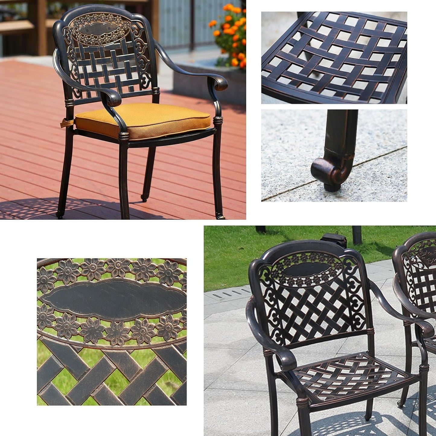 Outdoor Dining Chair Cast Aluminum Patio Chairs Set of 2 All-Weather Patio Dining Chair with Adjustable Feet for Backyard Garden (Die-Casting C Chair)