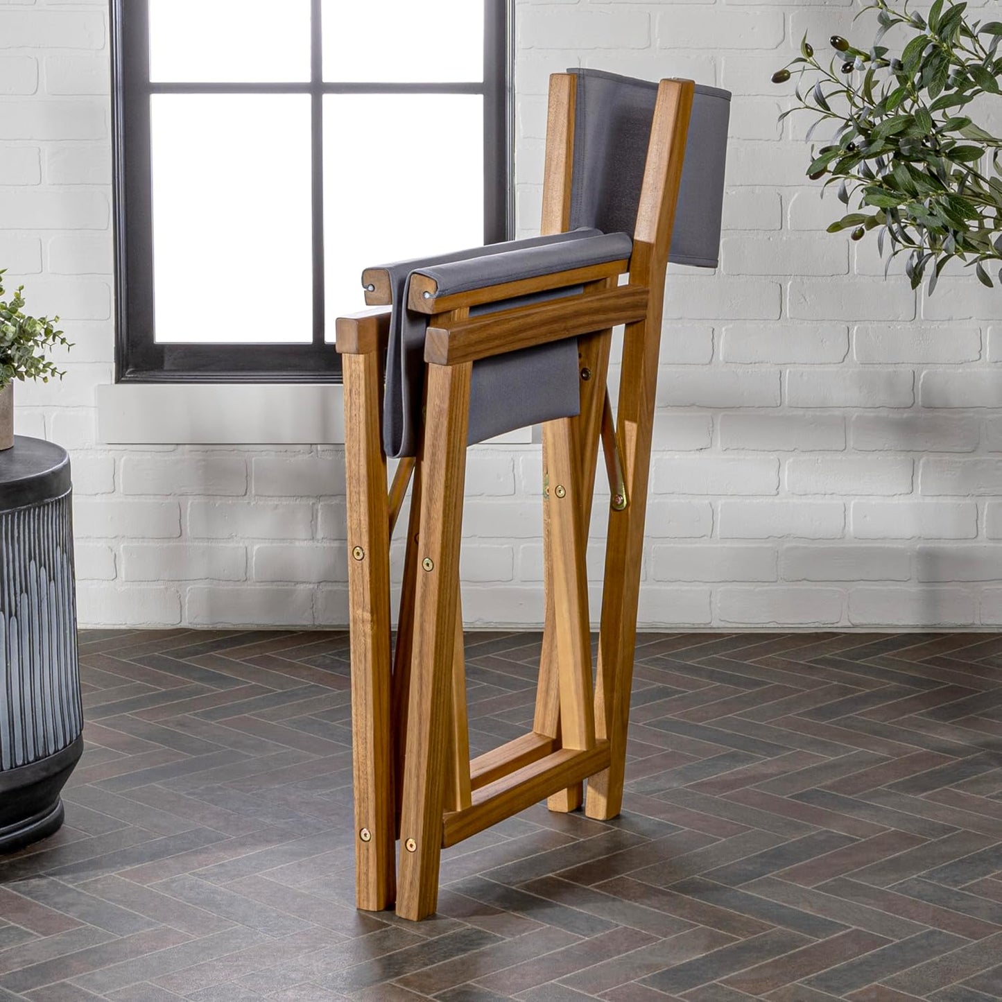 JONATHAN Y DRC1000A-SET2 Cukor Classic Vintage Outdoor Acacia Wood Folding Director Chair with Canvas Seat Mid-Century, Modern, Traditional, Bohemian, Coastal, Minimalist, Gray/Teak Brown (Set of 2)