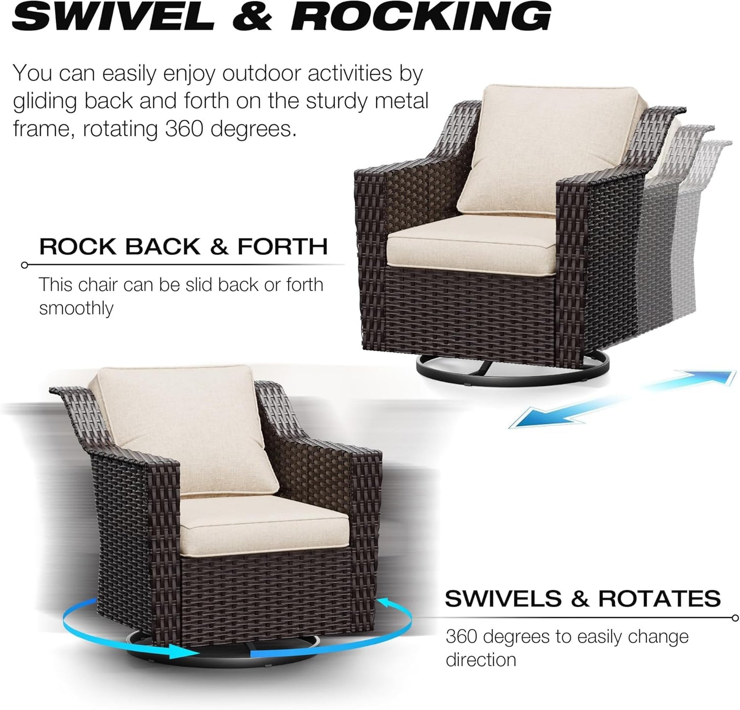 Joyside Swivel Patio Chairs Set of 2, Wicker Patio Furniture with Wide Armrest and Thick Cushions, Upgraded Large Size for Backyard, Garden, Poolside