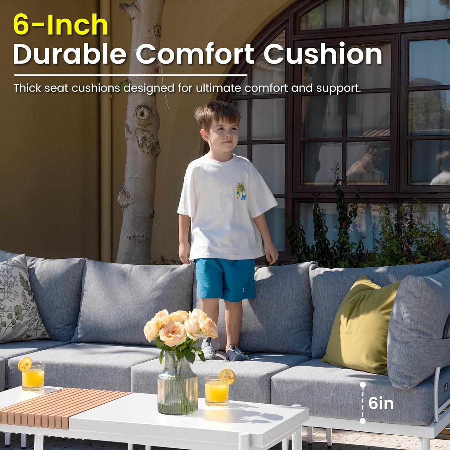 Sundale Outdoor 5 Pieces Metal Patio Furniture Set, Outdoor Sectional Sofa w/6 Inch Olefin Cushion and Coffee Table, Modern Outdoor Conversation Sets