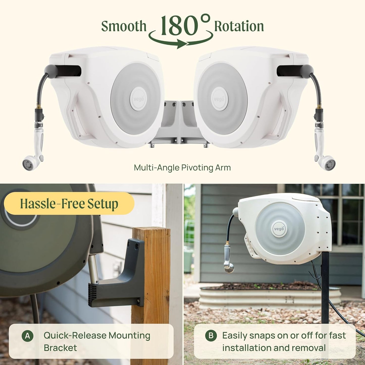 Vego Garden Hose Reel Retractable Hi-Flow x 100ft Wall Mounted Hose Reel Automatic Rewind, Any Length Lock with 9 Patterns Sprayer Nozzle, Quick Connector and Adjustable shot Nozzle-Tidepool Blue