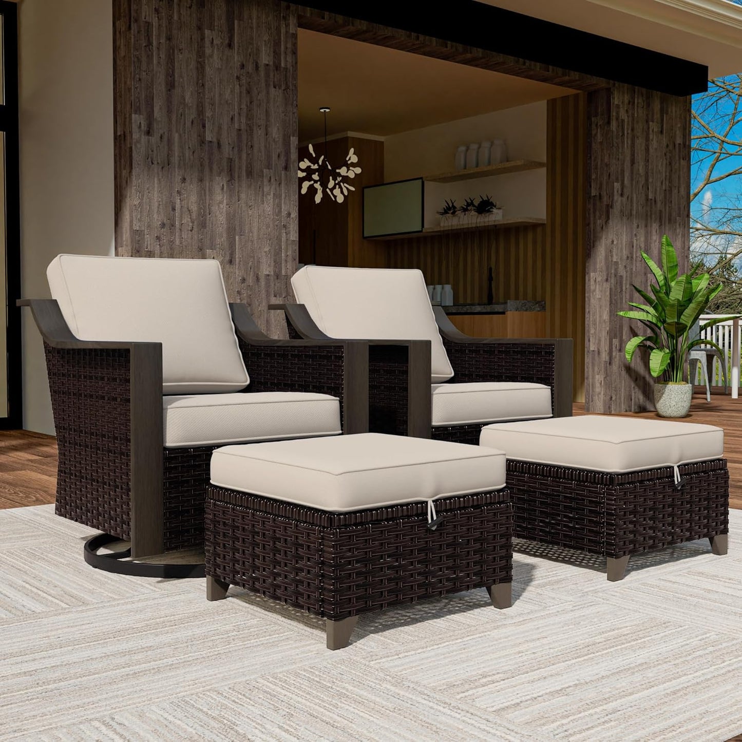 4 Piece Wicker Patio Conversation Set, All-Weather Use Outdoor 2 PE Rattan Swivel Chair, 2 Ottoman, Removable Water-Resistant Cushion, Ideal for Porch, Backyard, Balcony, Poolside, Beige