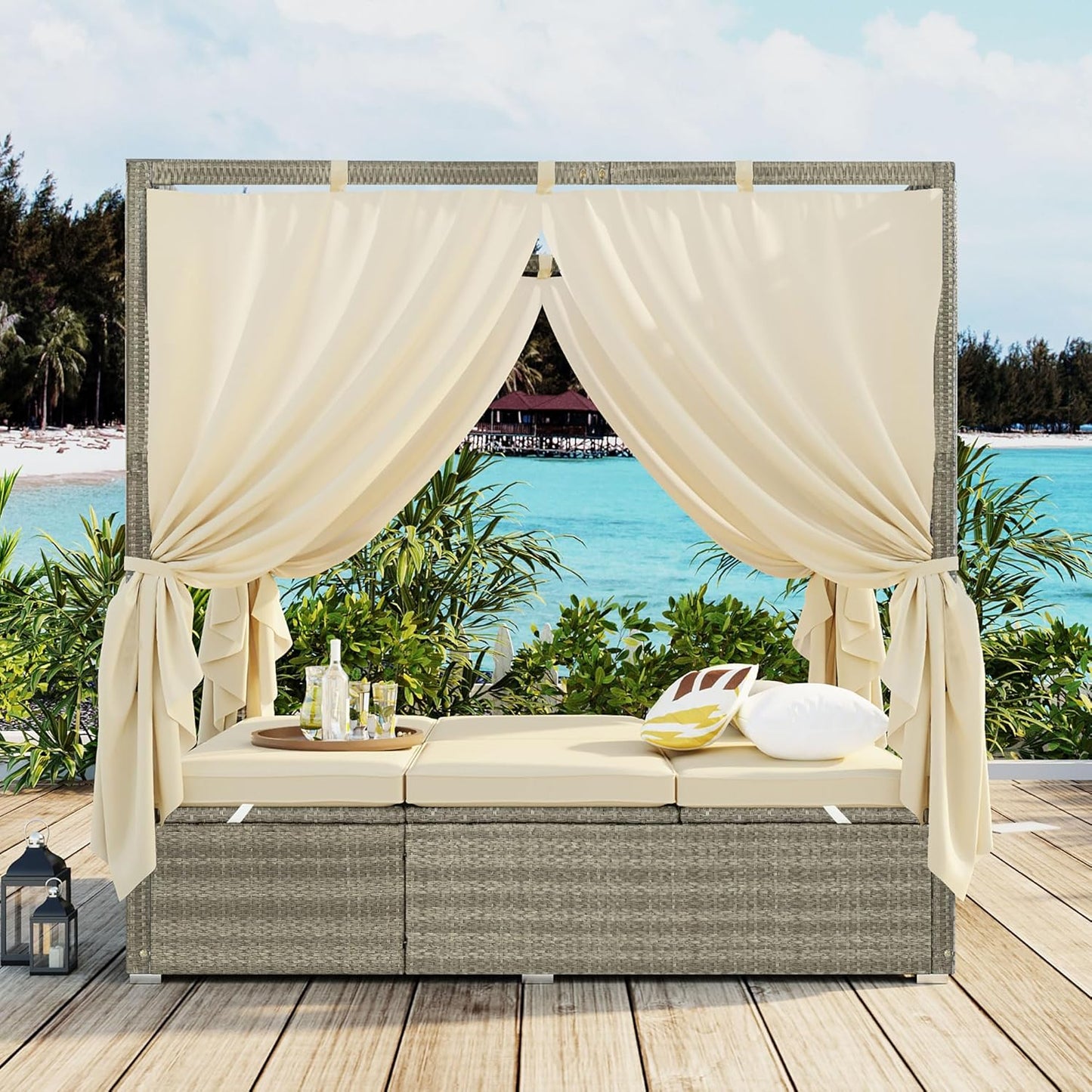 Patio Chaise Lounge,PE Rattan Outdoor Patio Wicker Adjustable Outdoor Sun Bed with Four-sided Canopy and Comfortable Beige Cushion – Versatile Use for Patio, Garden, and Poolside