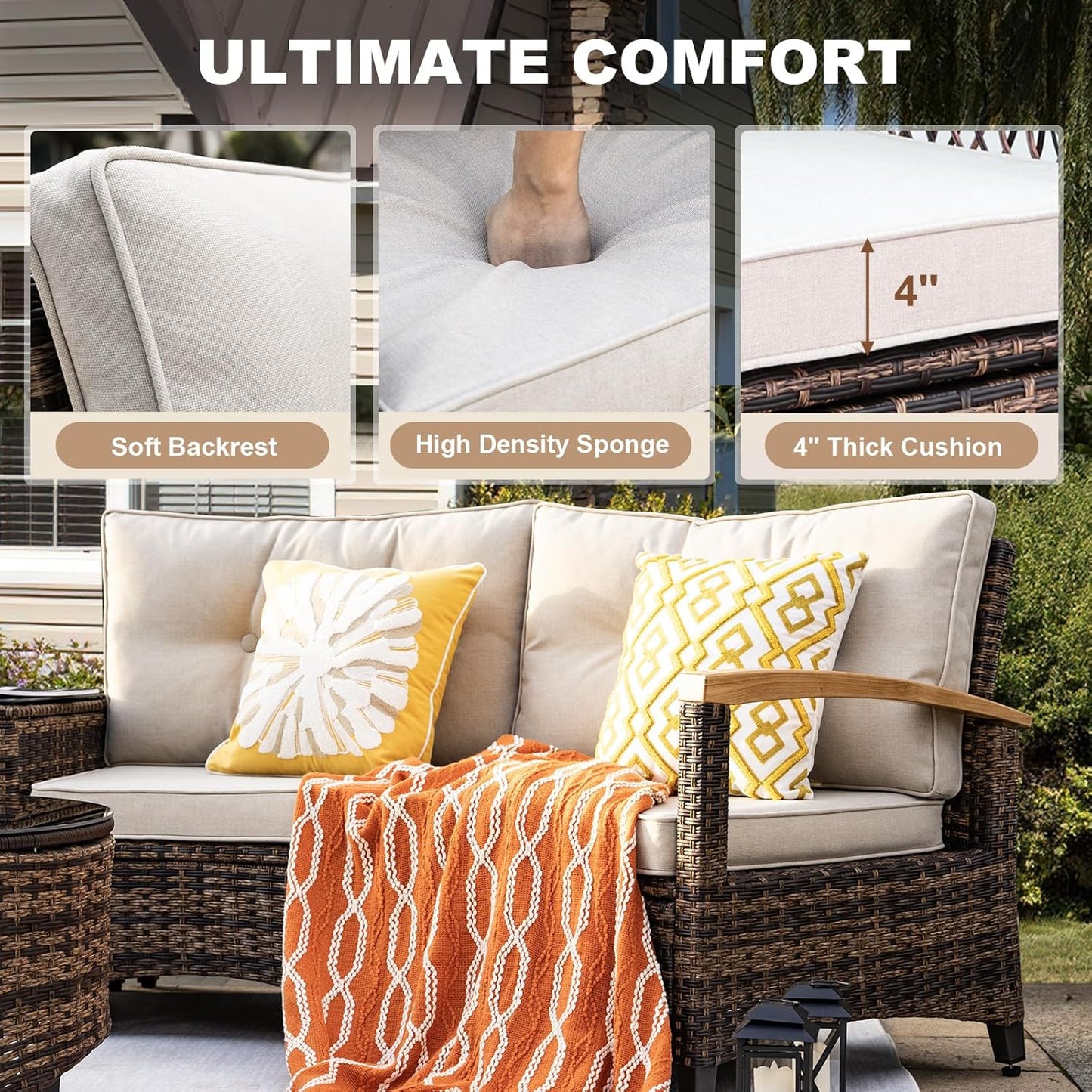8 Piece Outdoor Patio Furniture Set, Half-Moon Curved Sectional Set with Wood Armrests, 2 Half-Moon Ottomans, Round Table (Brown)