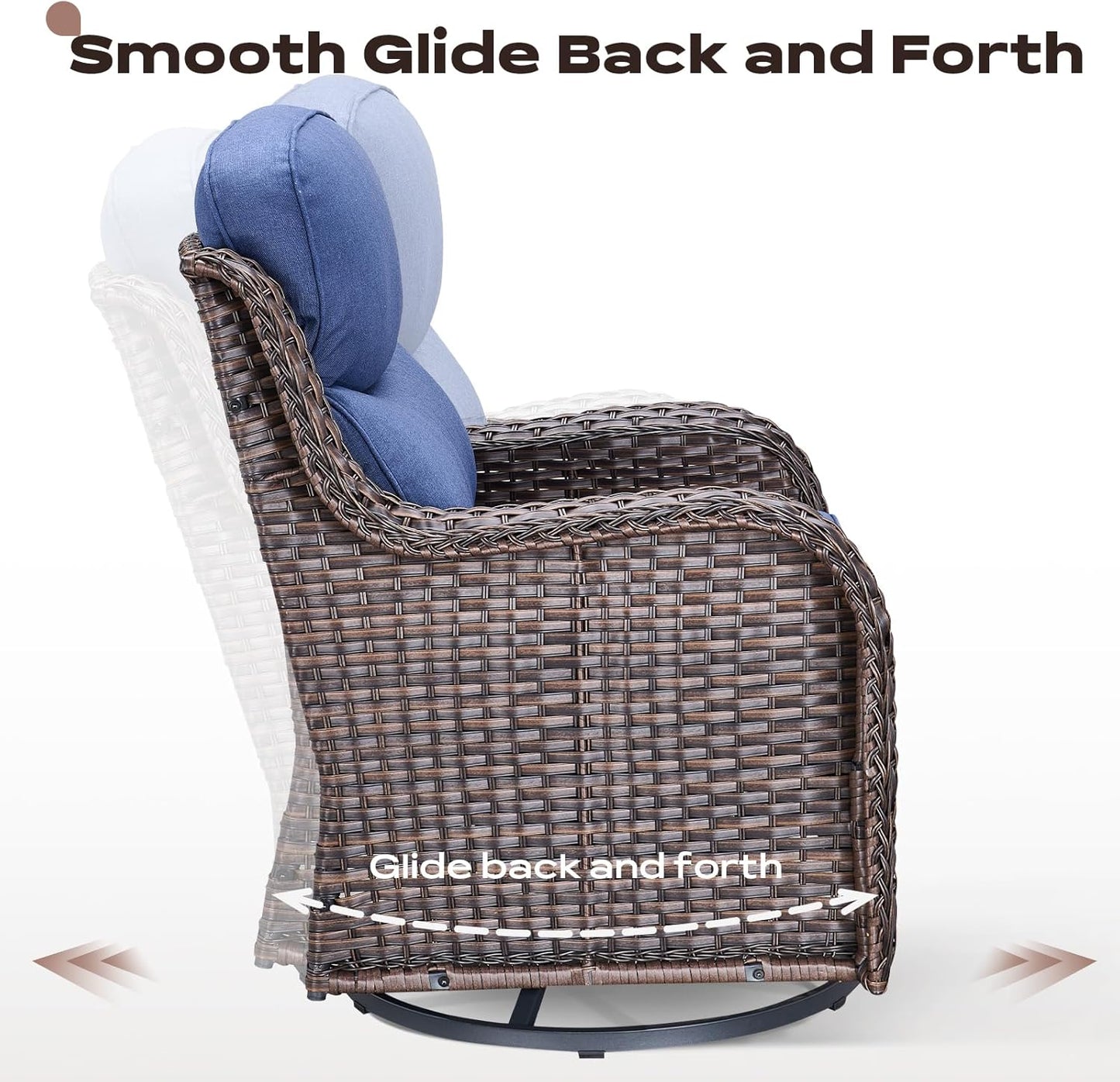 Wicker Outdoor Patio Furniture Set - 5 Piece Patio Conversation Sets with Swivel Rocker Chairs, Ottomans and Sofa, 6 inch Cushions, Waterproof Wicker, for Porch Deck Brown/Blue