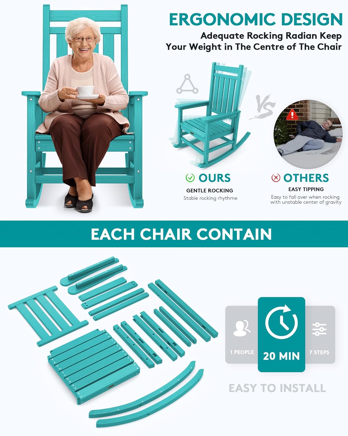 SERWALL HDPE Rocking Chair Set of 4, Outdoord Rocking Chairs for Adult, Aruba