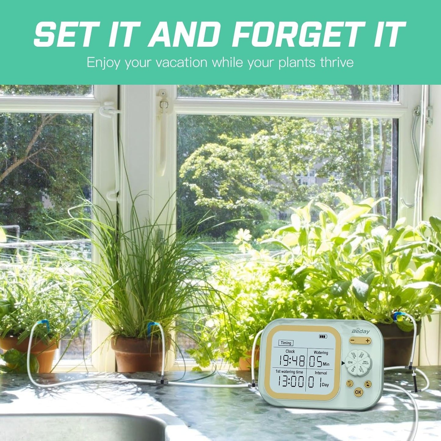 Automatic Plant Waterer Self Watering System Indoor for 15 Potted Plants Pack of 2, Auto Drip Irrigation Kit Programmable Water Timer w Smart Humidity Detection, Green