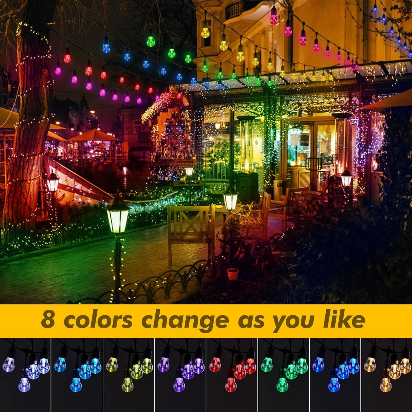 Auroraworld Outdoor String Lights RGB, 96FT Dimmable Patio String Lights with Shatterproof Edison Bulbs, Remote, Commercial Lights for Cafe,Yard, Party