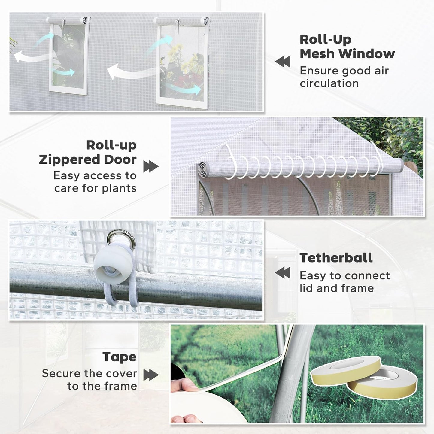 Outsunny 20' x 10' x 7' Outdoor Walk-in Greenhouse, Tunnel Green House with Roll-up Windows, Zippered Door, PE Cover, Heavy Duty Steel Frame, White