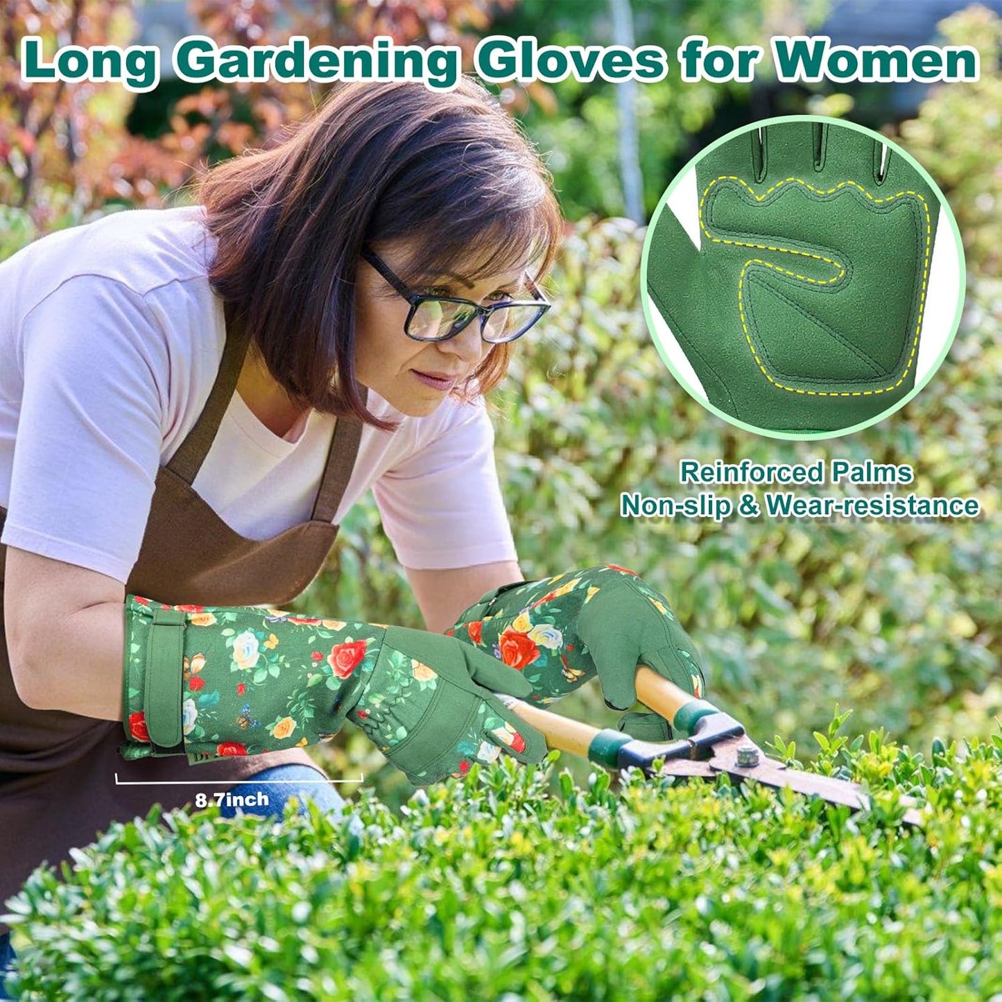 DLY Gardening Gloves,Leather Rose Gloves,Women's Long Gardening Glove for Garden Work and Yard Work,Durable and Comfortable(X-Large, Green